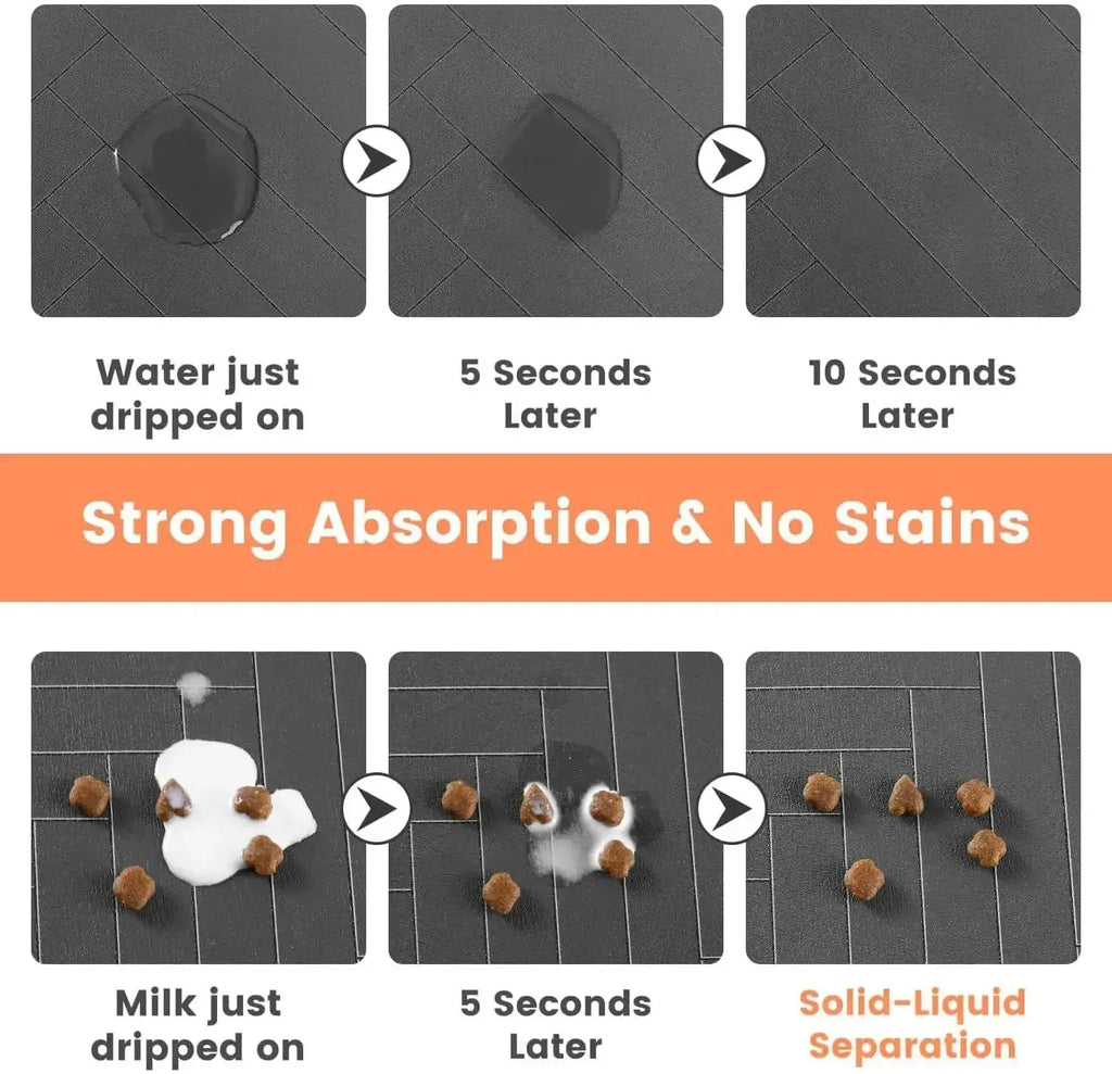 Black absorbent food mat for dogs and cats with waterproof rubber backing absorbing water and milk in pet’s eating area