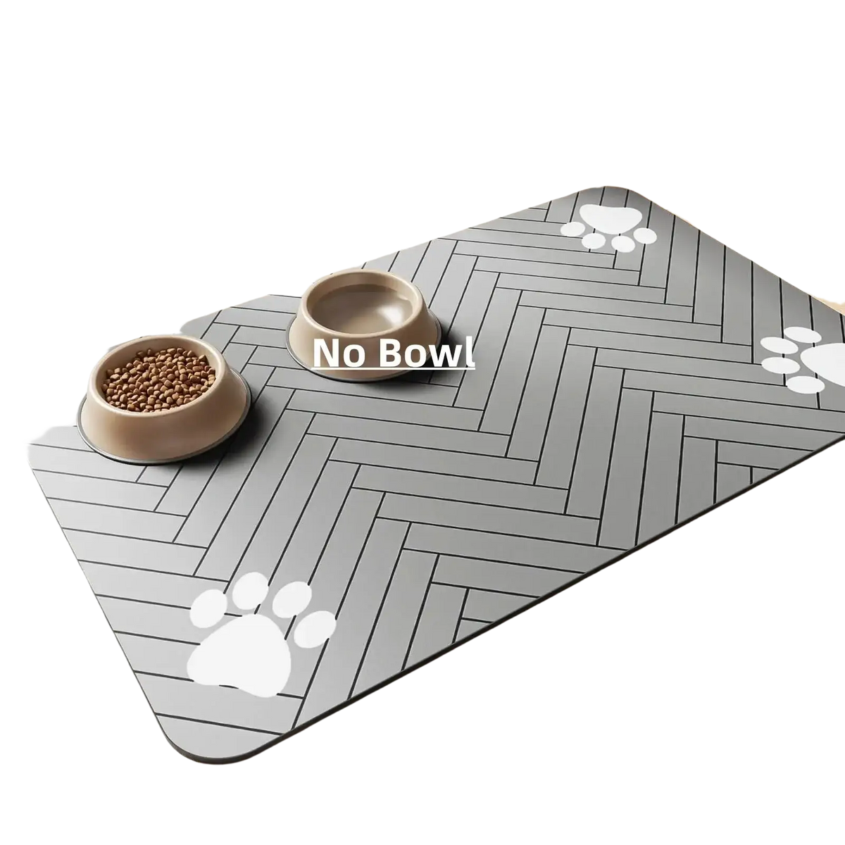 Gray herringbone food mat with white paw prints absorbent waterproof rubber backing for pet’s eating area