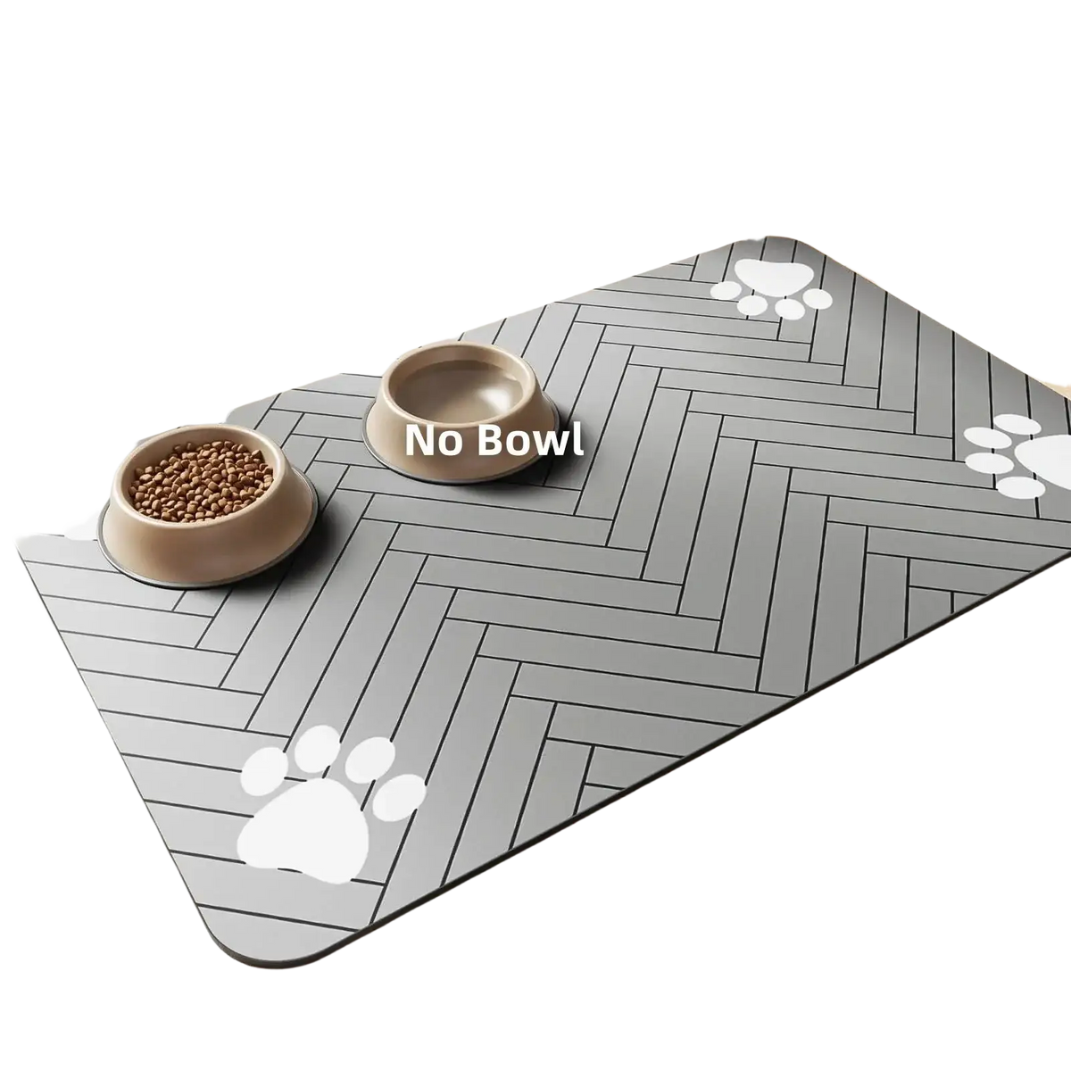 Gray herringbone-patterned absorbent food mat with white paw prints and waterproof rubber backing for pet’s eating area