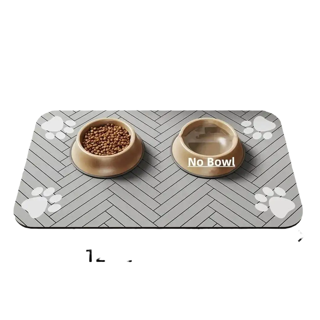 Gray herringbone food mat with waterproof rubber backing and paw prints protecting pet’s eating area with two beige bowls