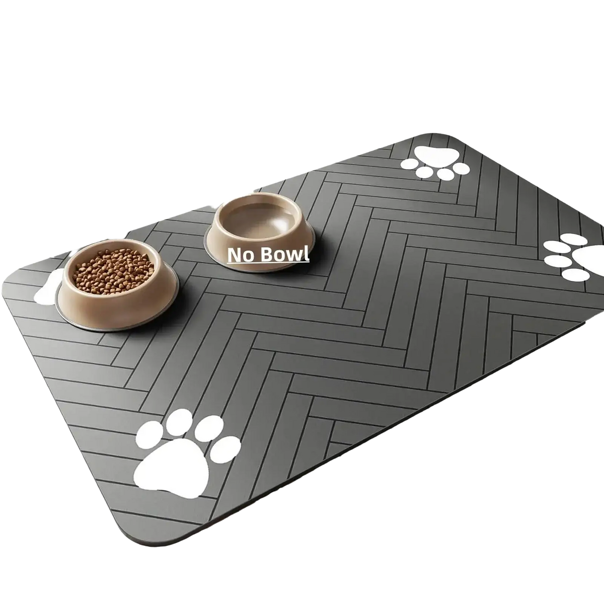 Gray herringbone-patterned absorbent food mat with white paw prints and waterproof rubber backing for pet’s eating area
