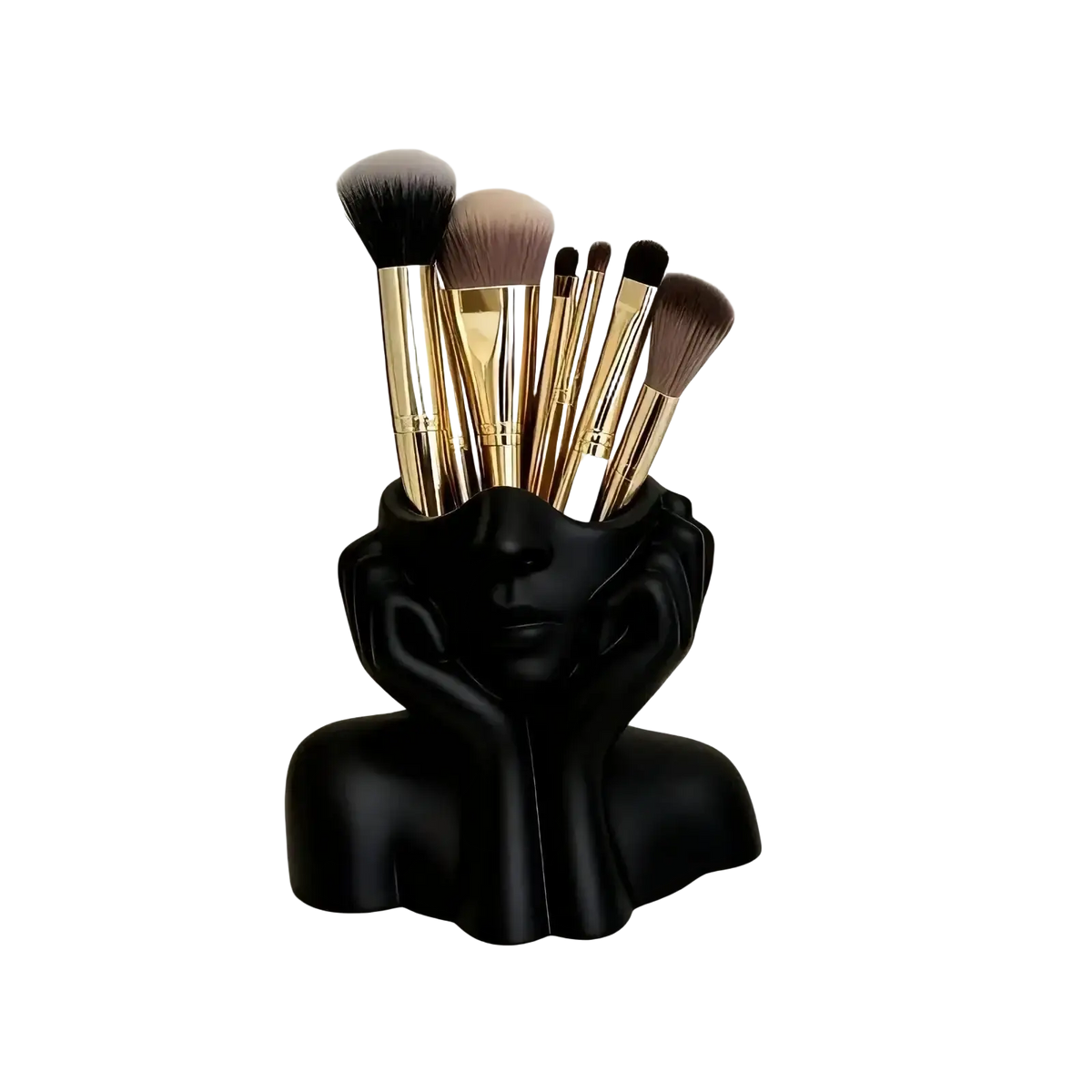 Black ceramic abstract face makeup brush holder shaped like a woman’s head with hands framing her face