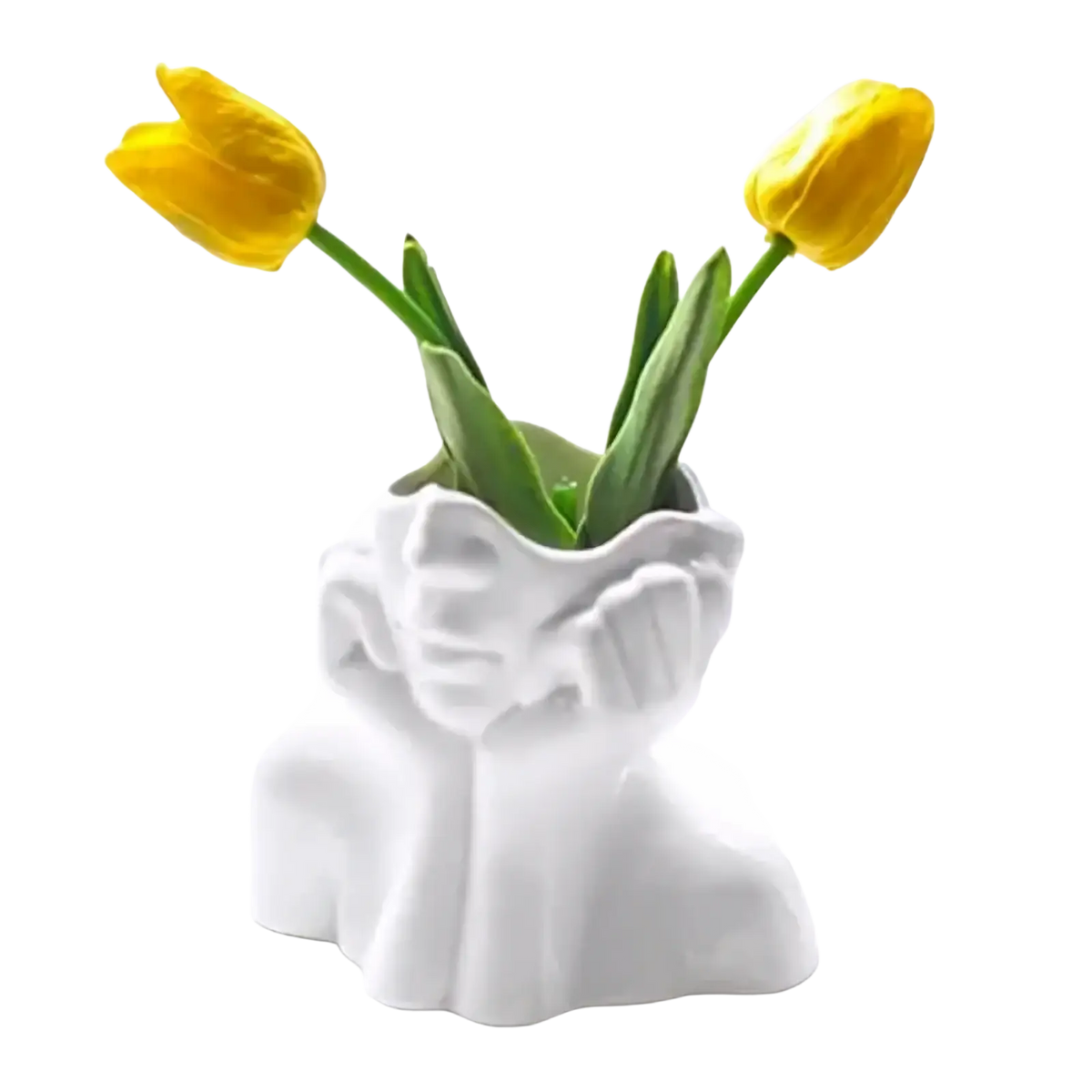White ceramic vase shaped like a sculpted figure holding its head used as an abstract face makeup brush holder