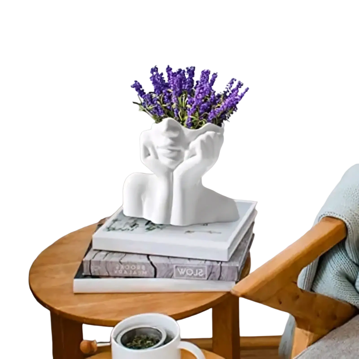 White ceramic abstract face makeup brush holder shaped like two figures embracing with purple lavender bouquet