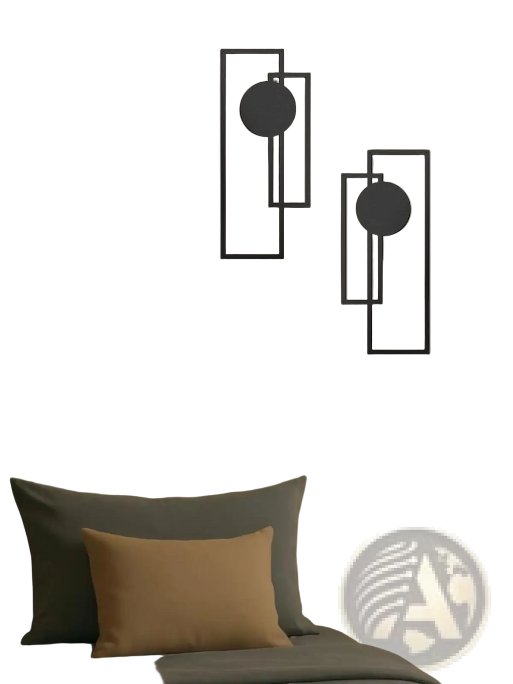 Black metal wall art two piece set featuring abstract geometric rectangular frames and circular accents
