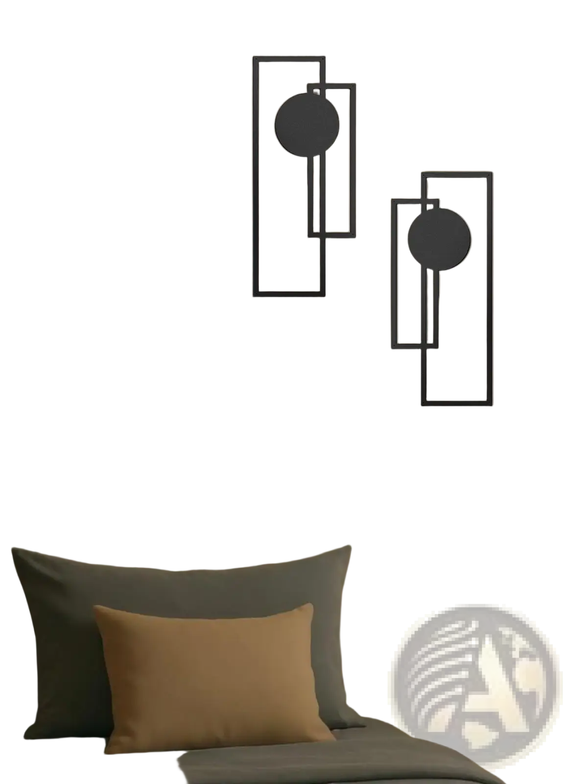 Black metal wall art two piece set featuring abstract geometric rectangular frames and circular accents