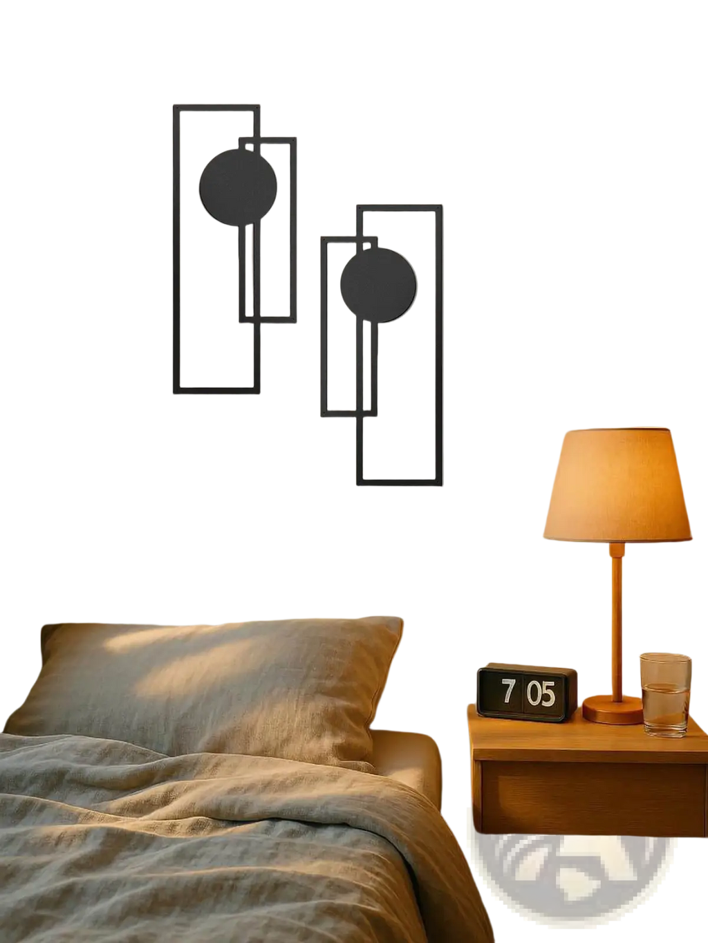 Black metal wall art 2 piece set featuring abstract geometric rectangular frames with circular cutouts