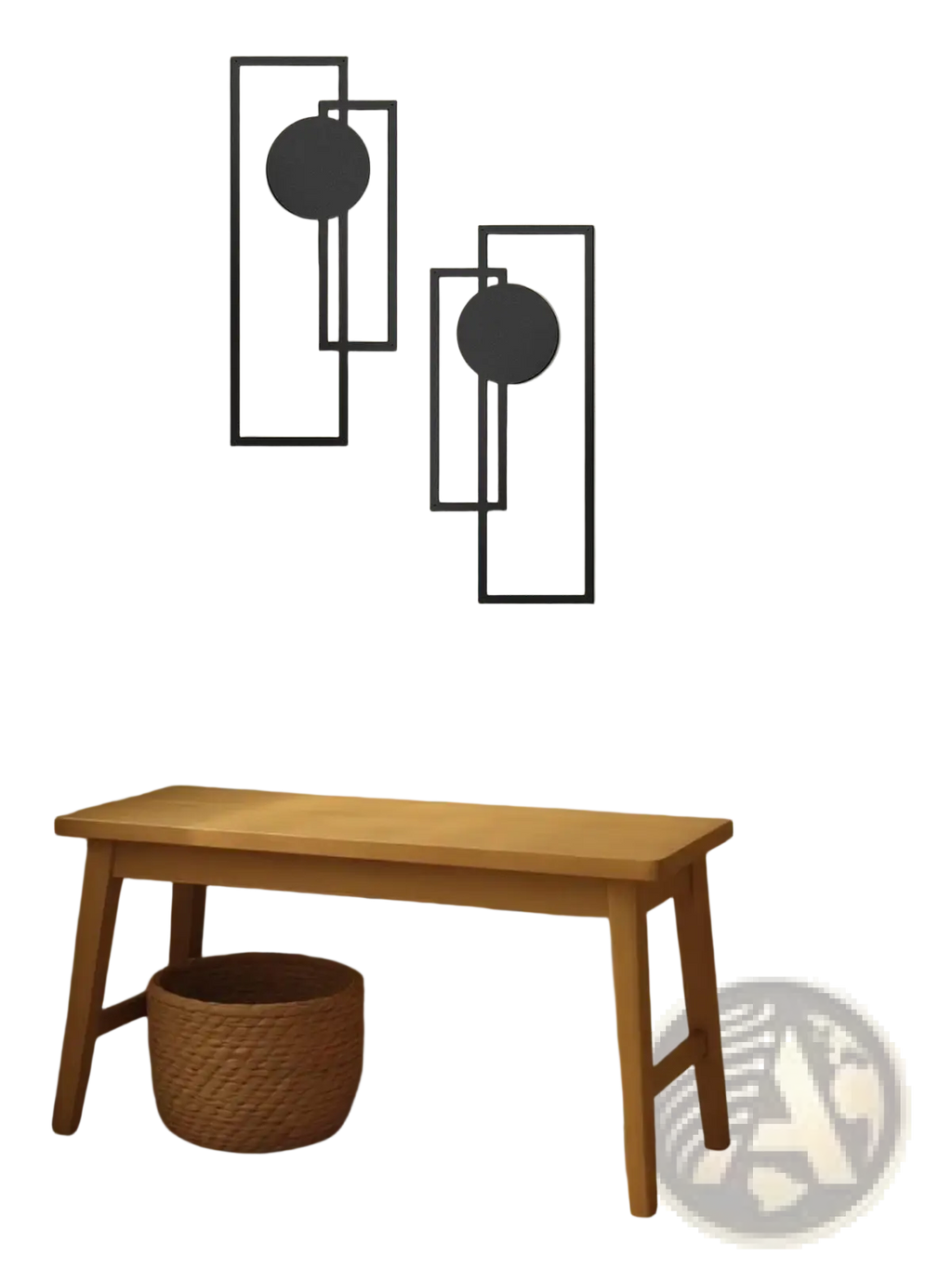 Black metal wall art two piece set with geometric rectangular frames and circular cutouts for modern decor