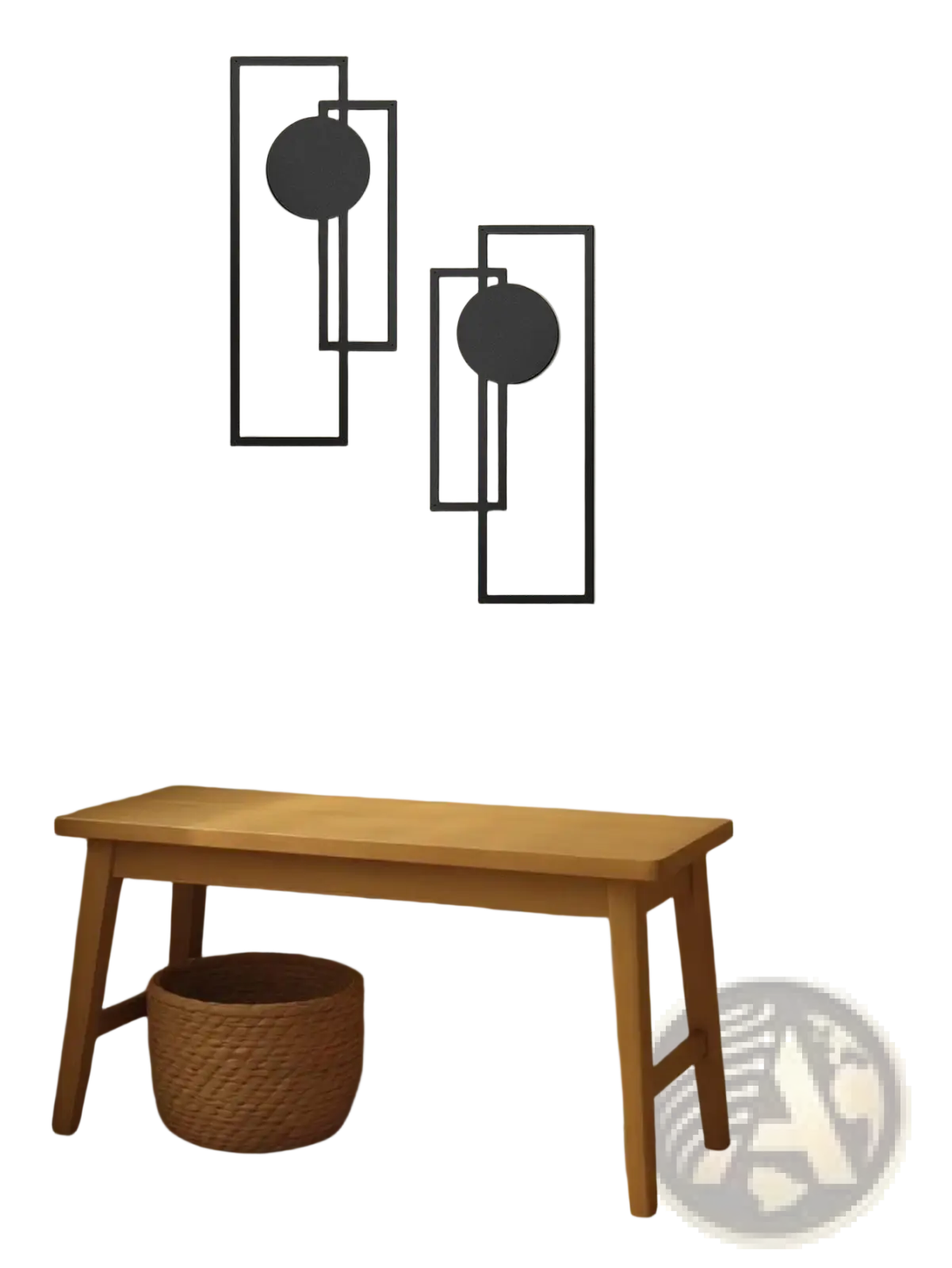 Black metal wall art two piece set with geometric rectangular frames and circular cutouts for modern decor