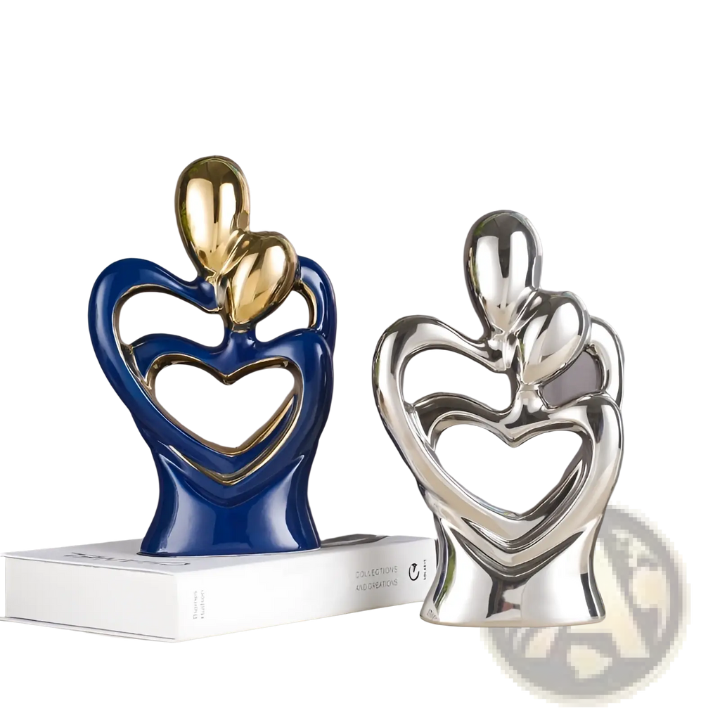 Blue and gold ceramic abstract heart figurine depicting intertwined lovers for modern home decor