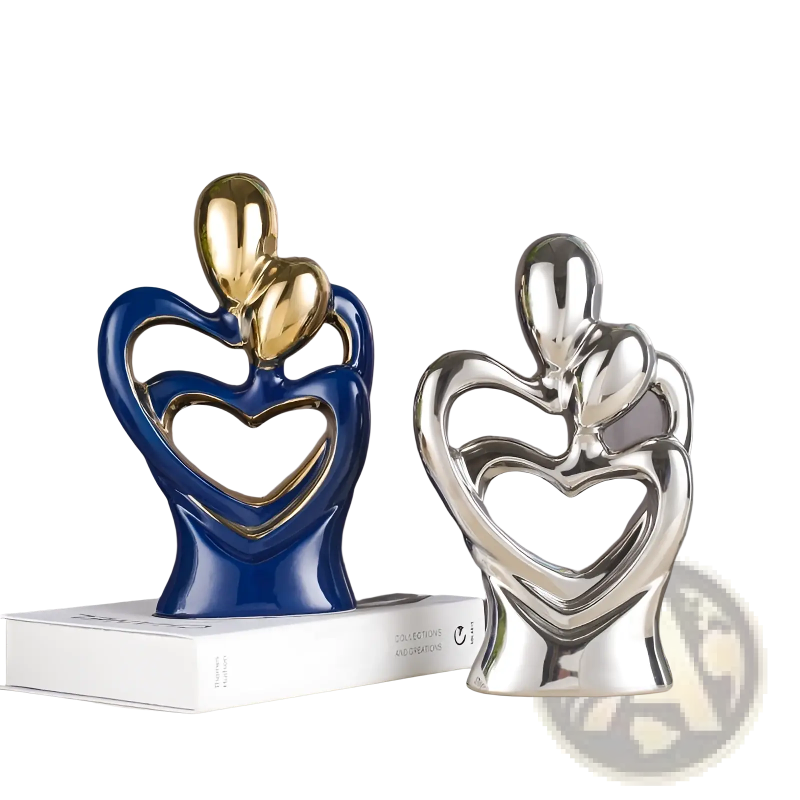 Blue and gold ceramic abstract heart figurine depicting intertwined lovers for modern home decor