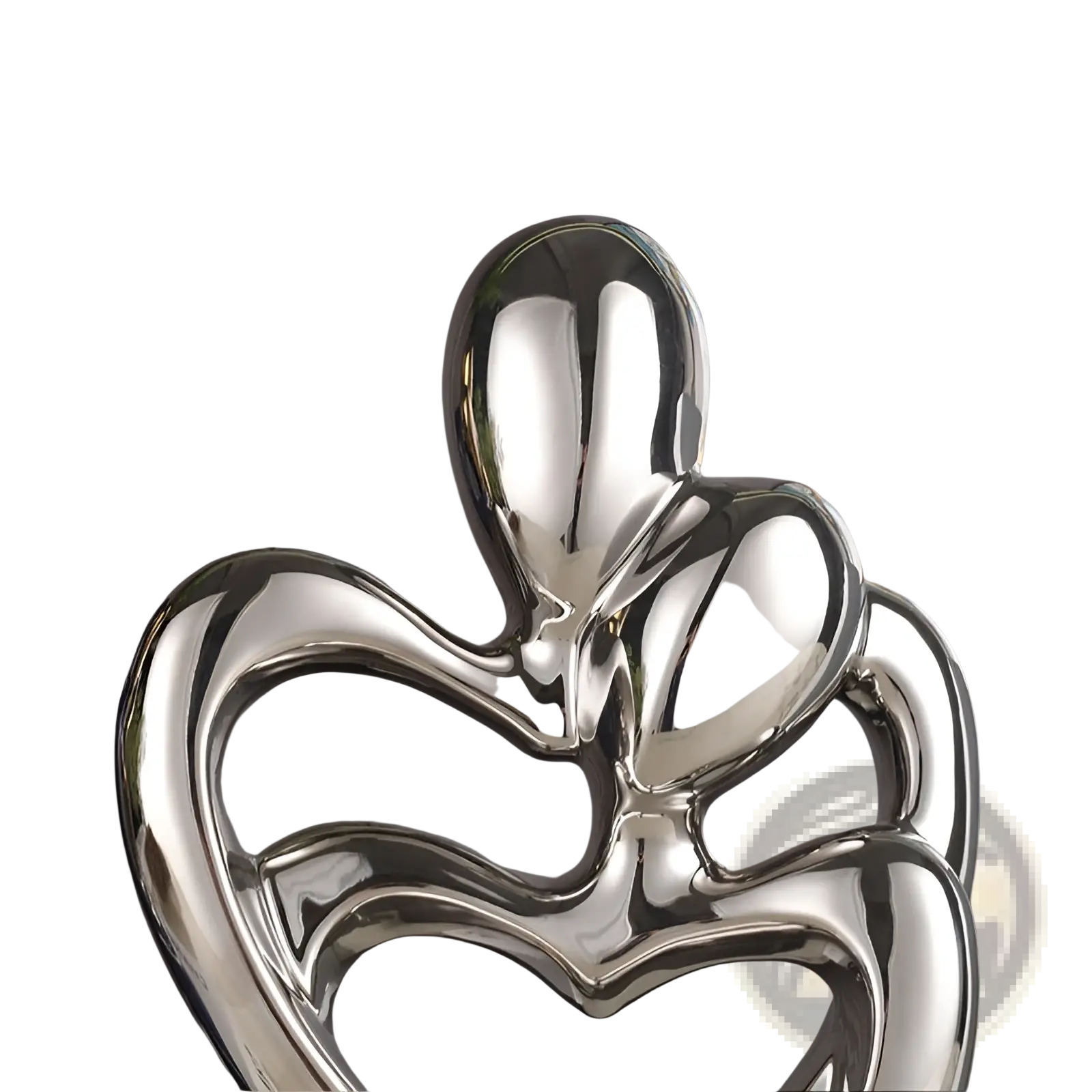 Shiny silver abstract heart ceramic figurine featuring two intertwined figures for modern home decor
