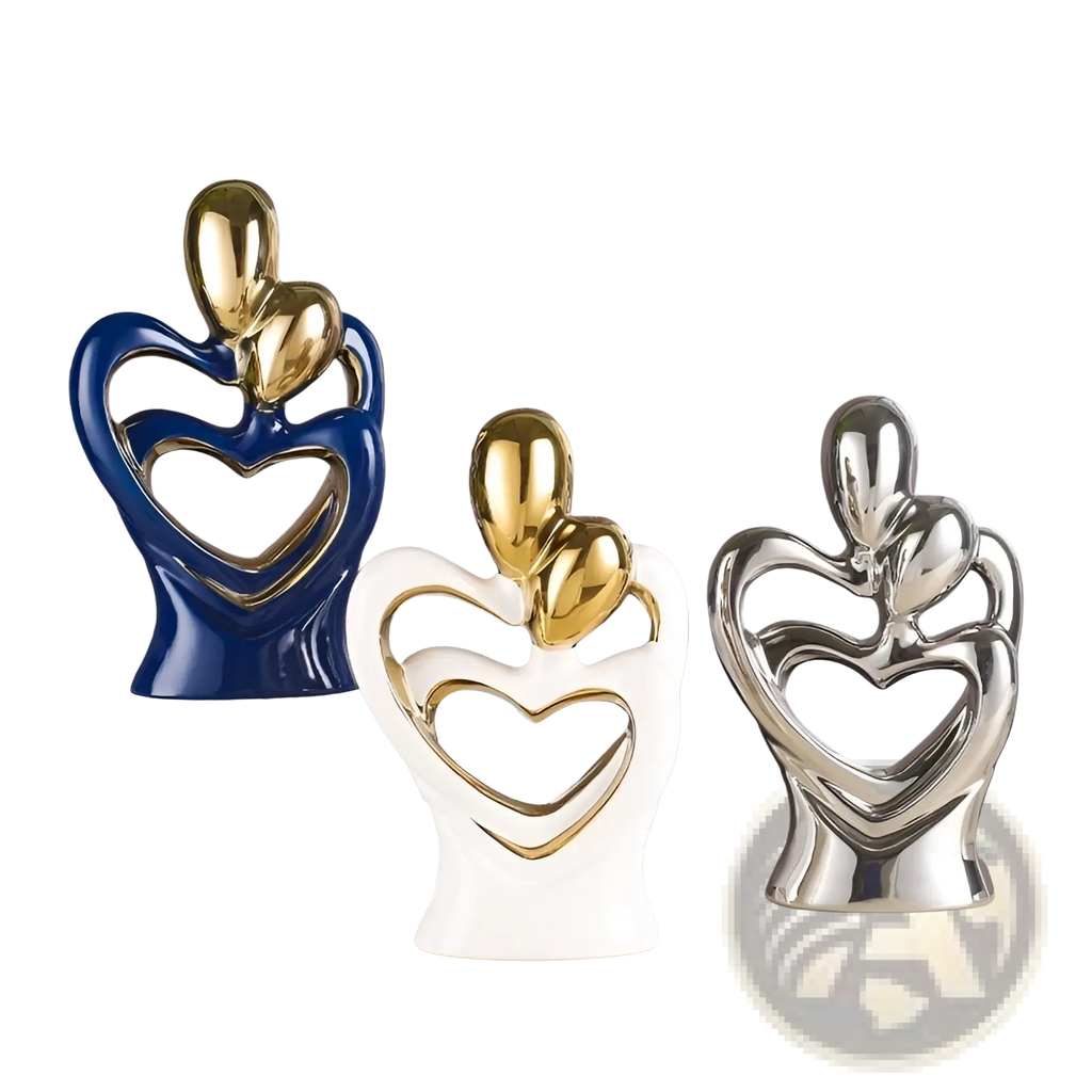 Abstract heart ceramic figurines with glossy finish and metallic accents in blue gold white silver for modern home decor