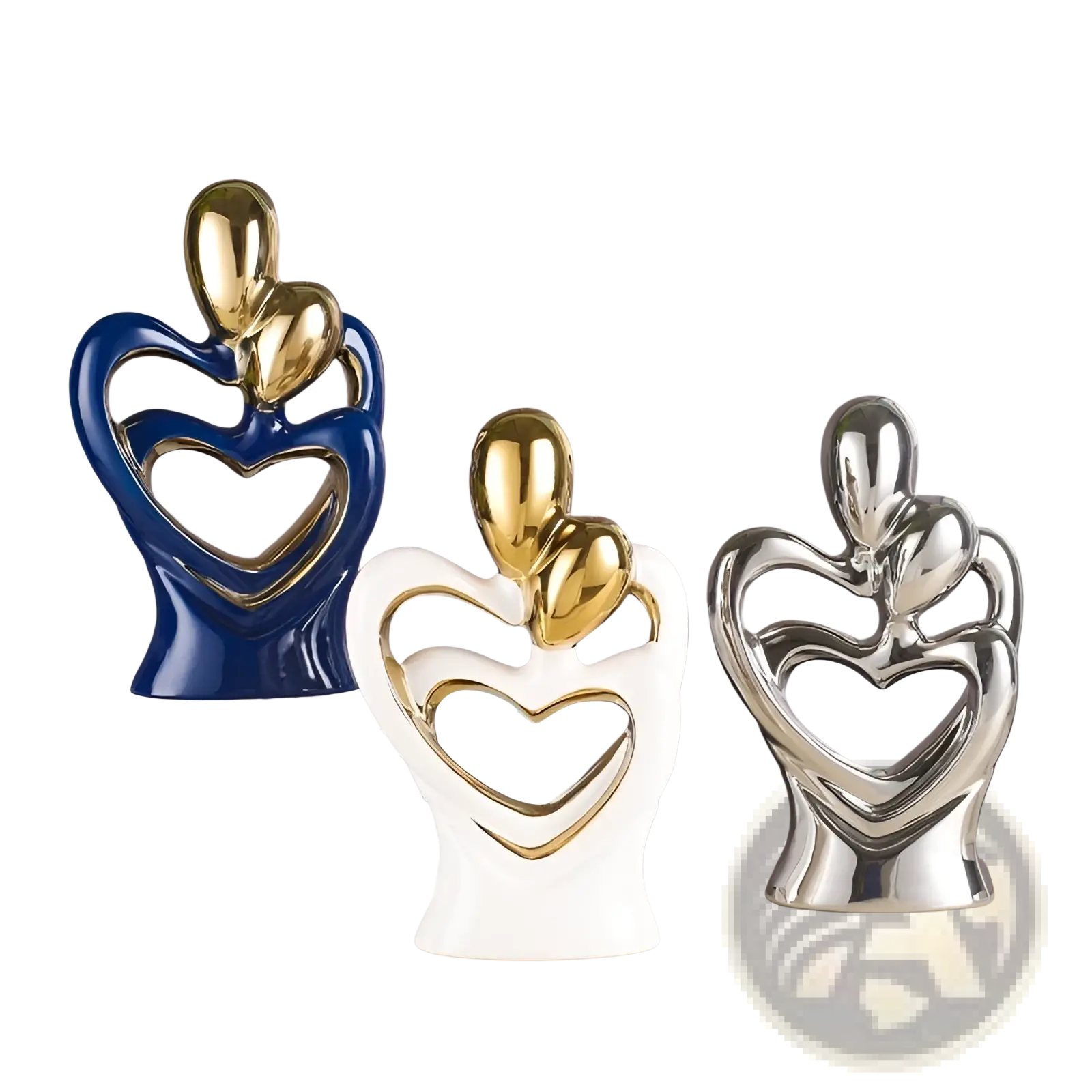 Abstract heart ceramic figurines with glossy finish and metallic accents in blue gold white silver for modern home decor