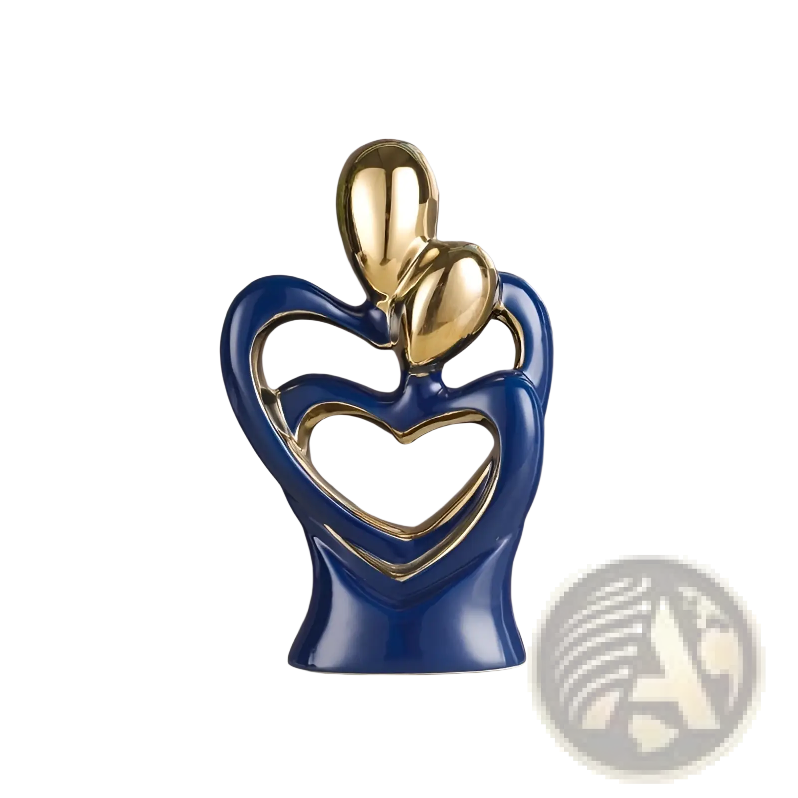 Blue and gold ceramic abstract heart figurine featuring two figures, ideal for modern home decor