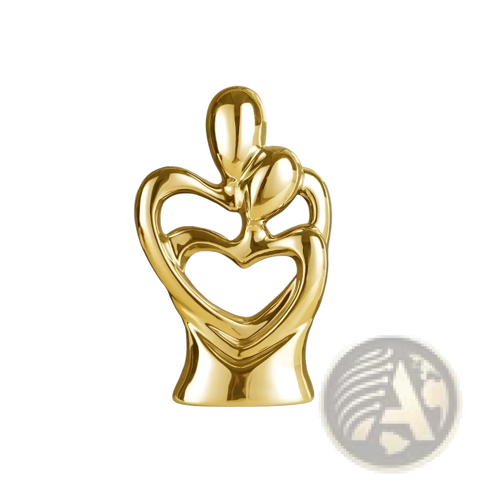 Gold-plated ceramic sculpture of two abstract figures embracing in a heart shape for modern home decor