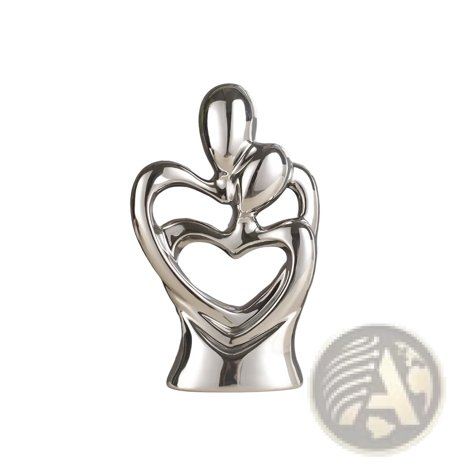Silver-plated abstract ceramic figurine of two figures embracing in a heart-shaped form for modern home decor