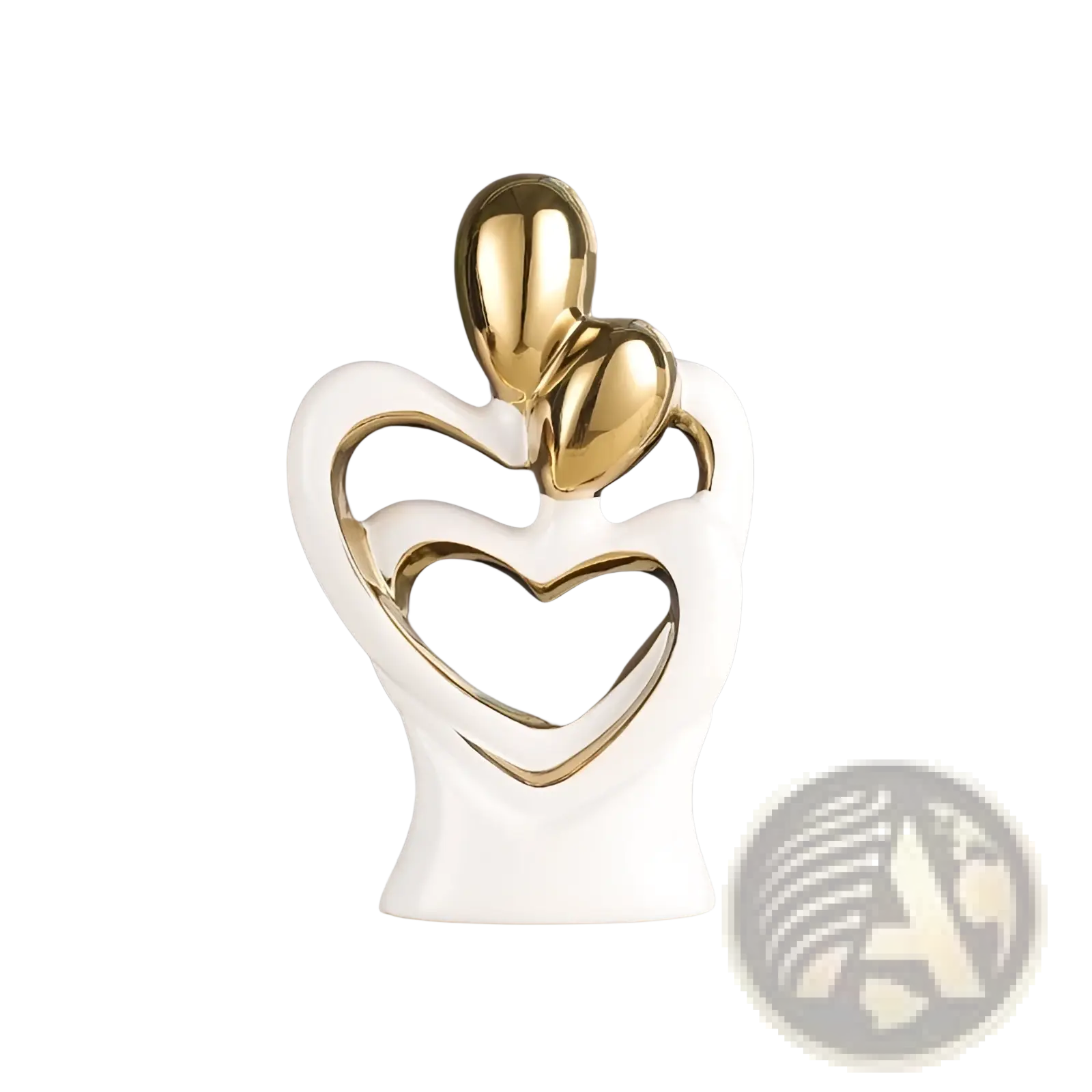 Abstract heart ceramic figurine in white with gold heart accents labeled platinum edition for modern home decor