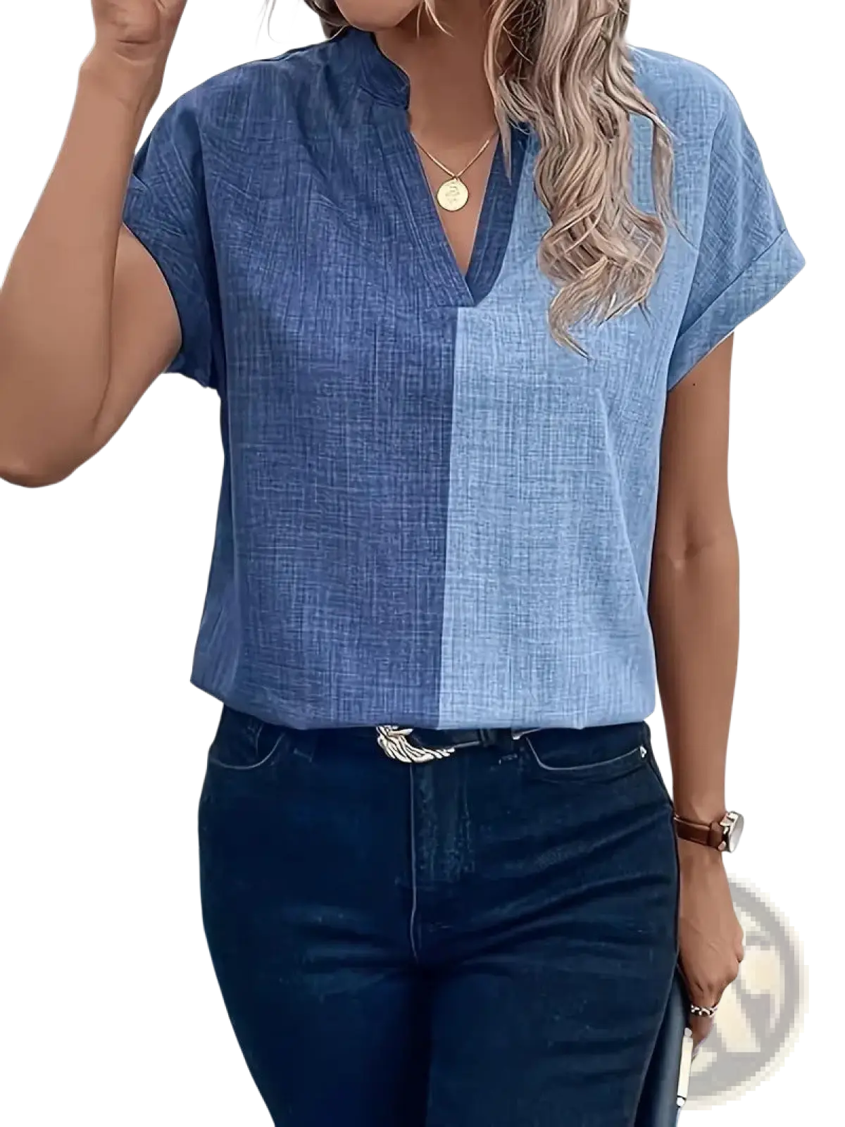 Blue short-sleeved abstract print v-neck blouse with textured stretch satin fabric and vertical color-block design