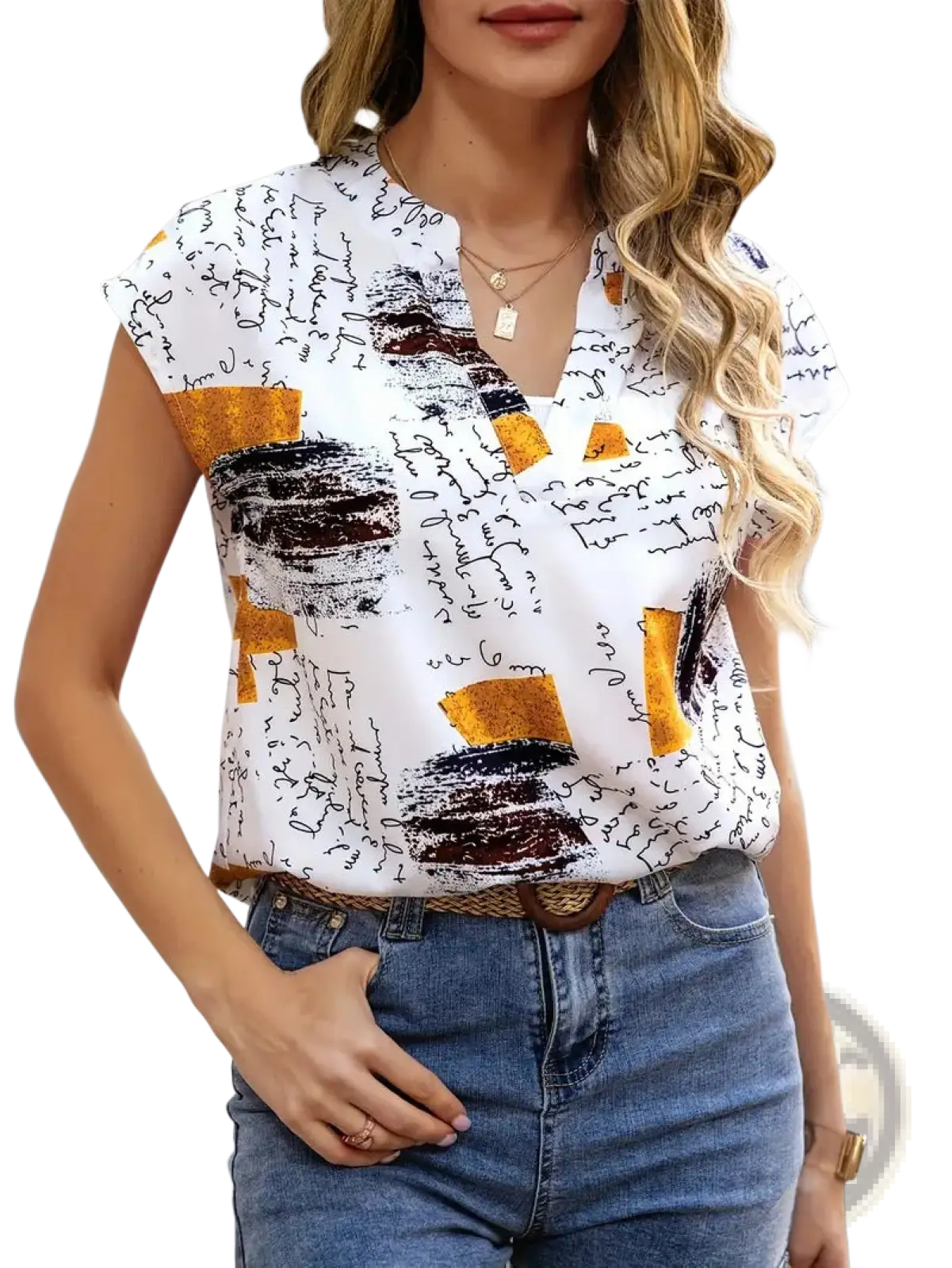 White short-sleeved abstract print v-neck stretch satin blouse with black cursive and mustard-yellow geometric shapes