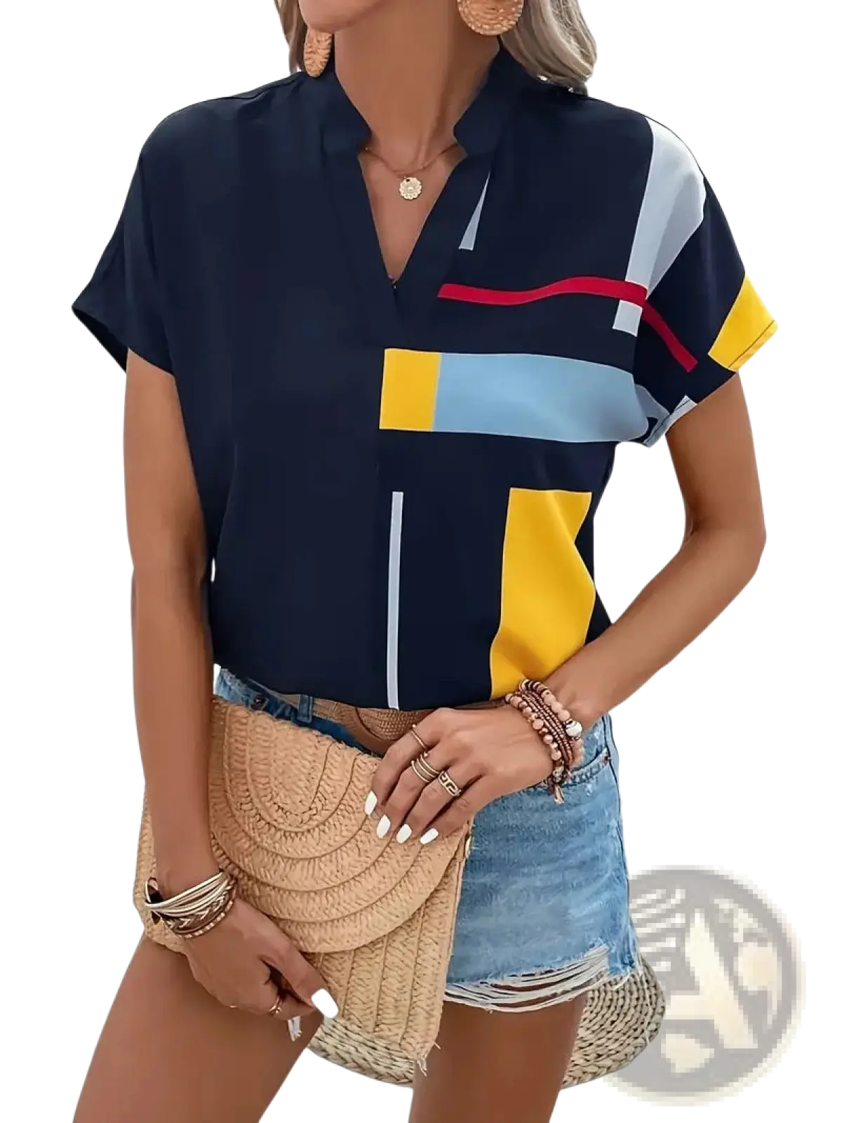 Navy blue abstract print V-neck stretch satin blouse with bold yellow light blue and red geometric panels
