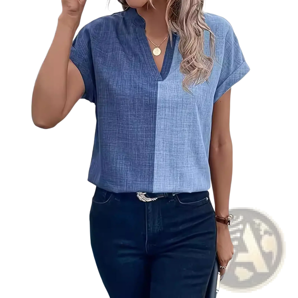 Blue short-sleeved abstract print v-neck stretch satin blouse with a contrasting light blue front panel for elegant wear
