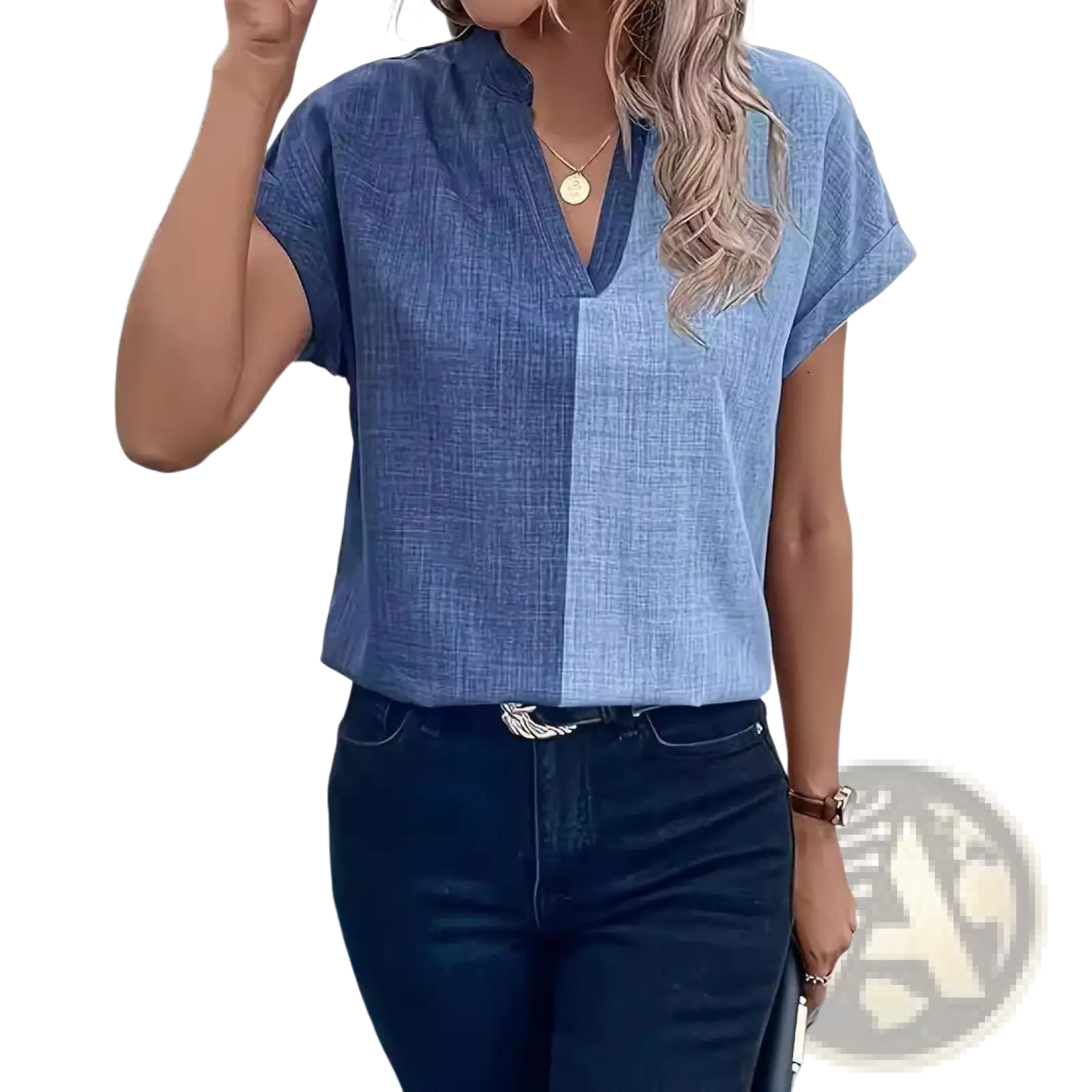 Blue short-sleeved abstract print v-neck stretch satin blouse with a contrasting light blue front panel for elegant wear