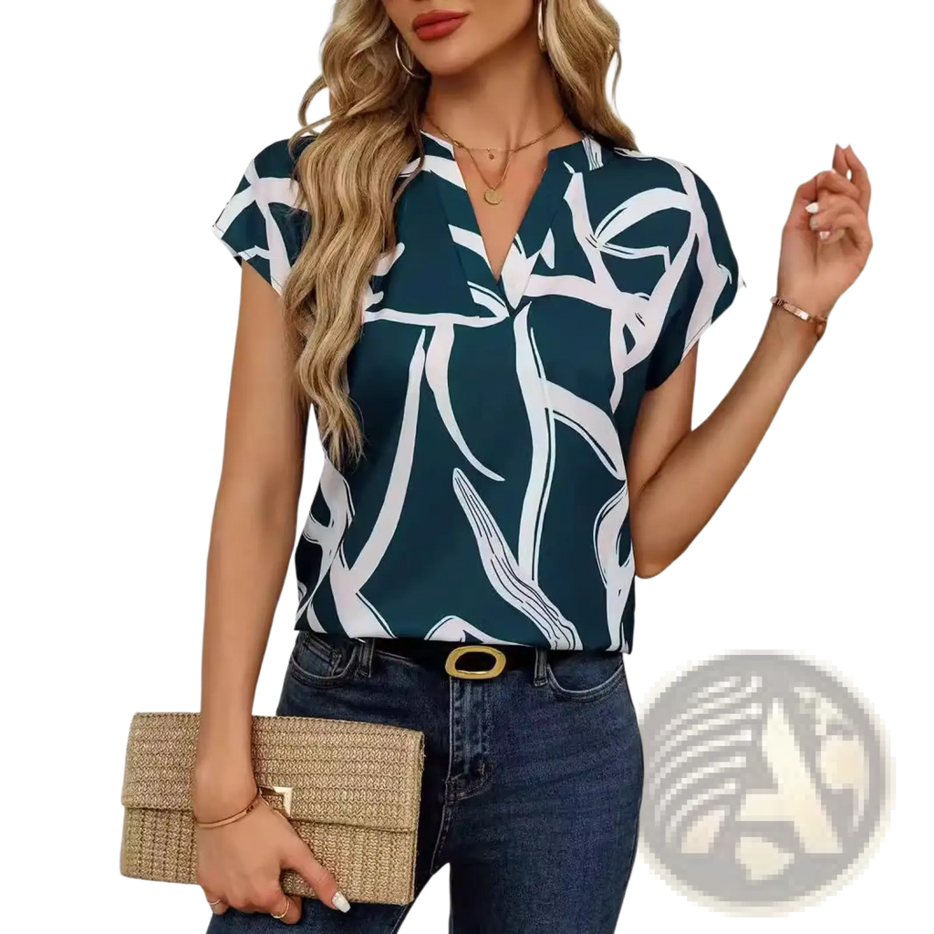 Abstract print v-neck stretch satin blouse in teal and white with an abstract leaf pattern and short sleeves