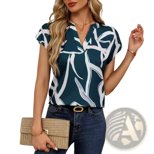 Abstract print v-neck stretch satin blouse in teal and white with an abstract leaf pattern and short sleeves