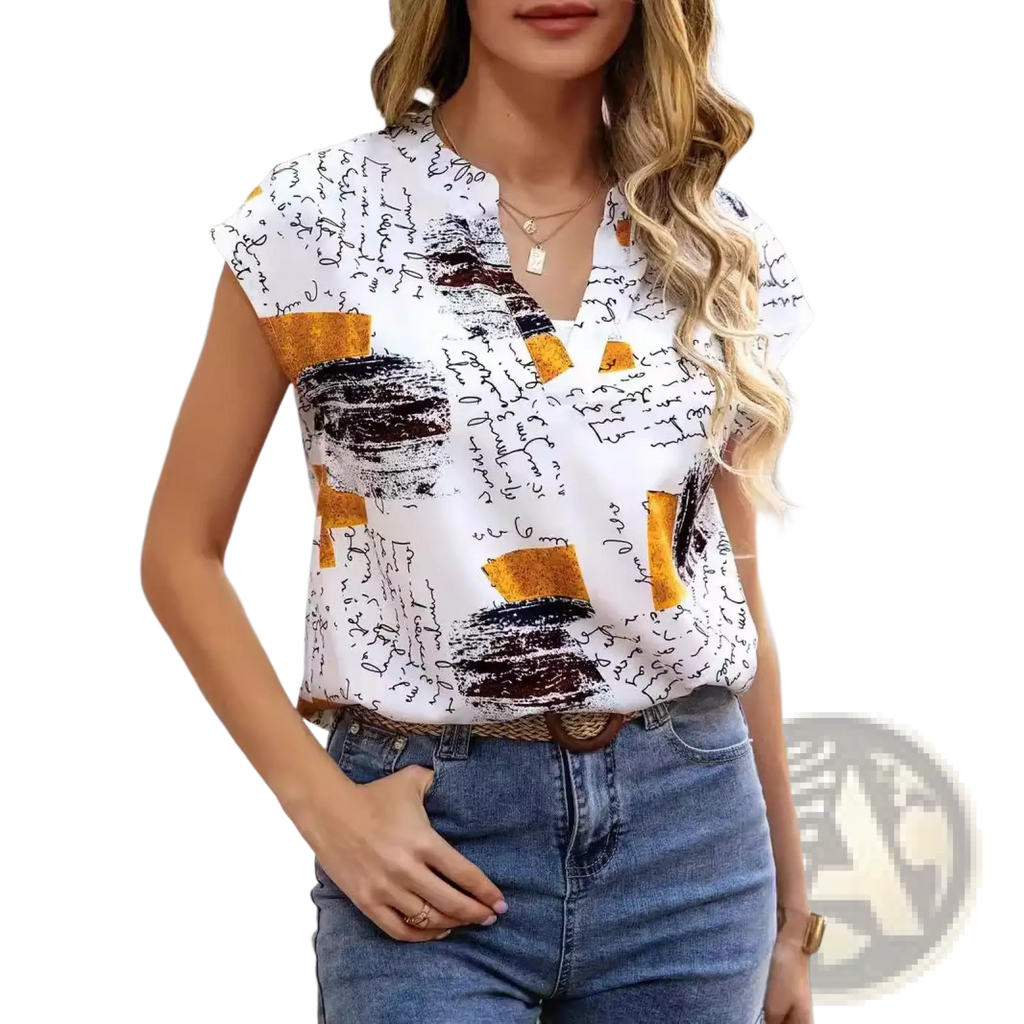 White short-sleeved stretch satin blouse with v-neckline featuring black cursive script and gold rectangular brushstrokes