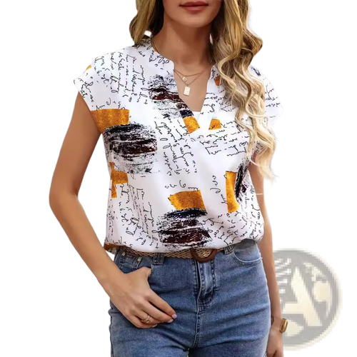White short-sleeved stretch satin blouse with v-neckline featuring black cursive script and gold rectangular brushstrokes