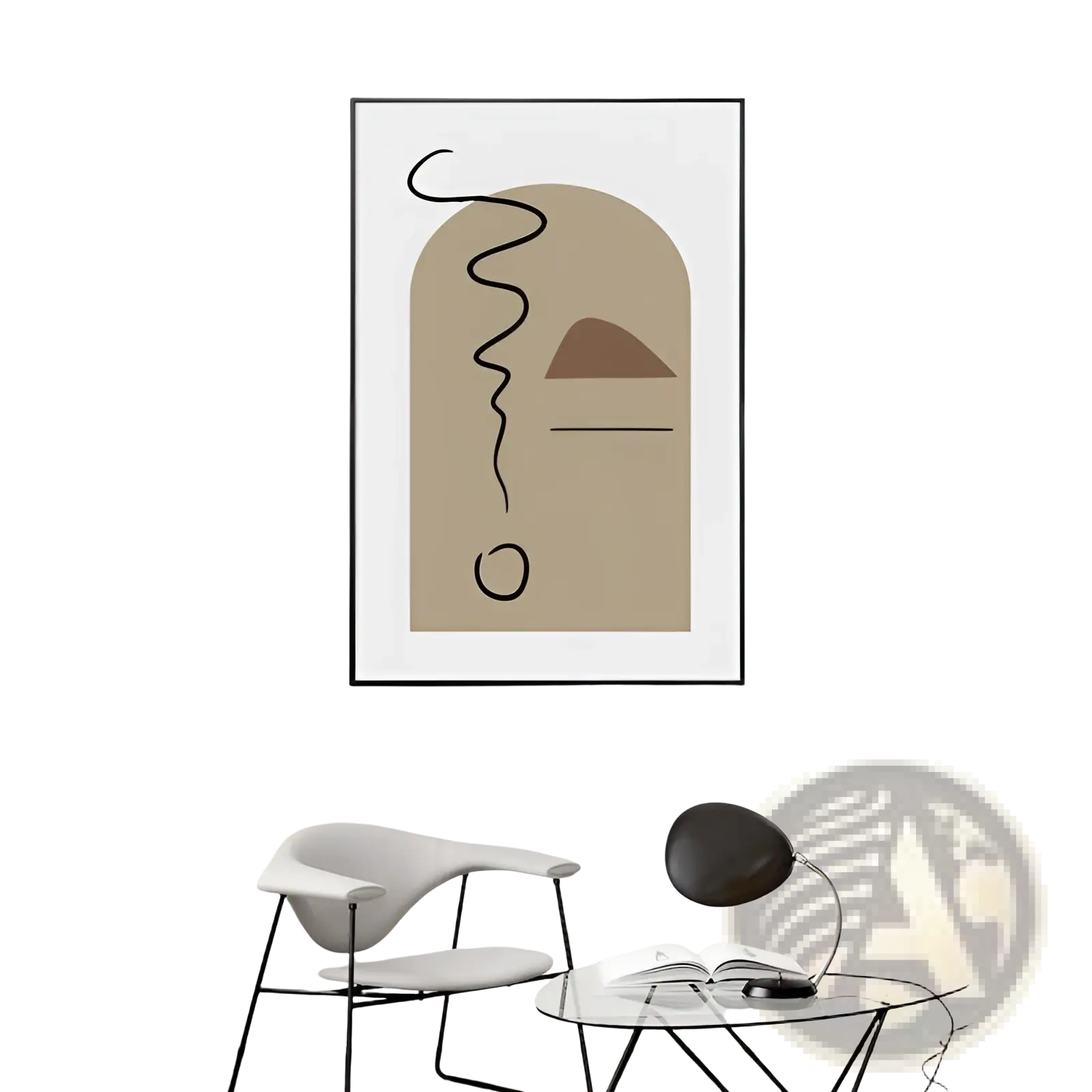 Abstract wall art earthy tone canvas print mural featuring beige and brown geometric shapes in a black frame