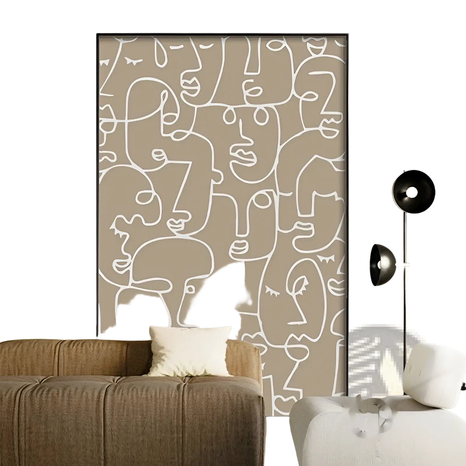 A modern abstract wall art canvas print featuring minimalist white line faces on a muted beige background framed black