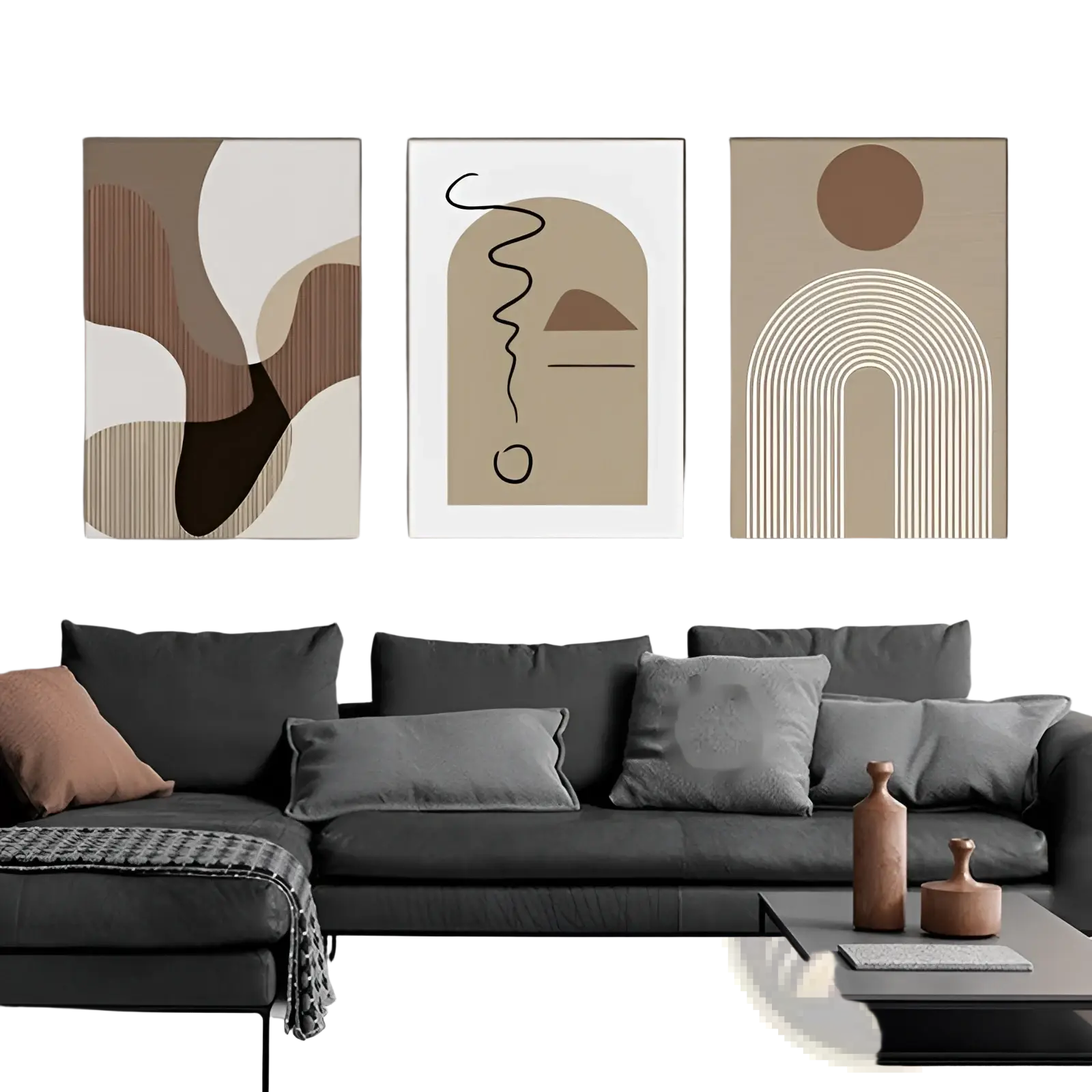 Three minimalist abstract wall art canvas prints in earthy beige brown and cream tones displayed above gray sofa