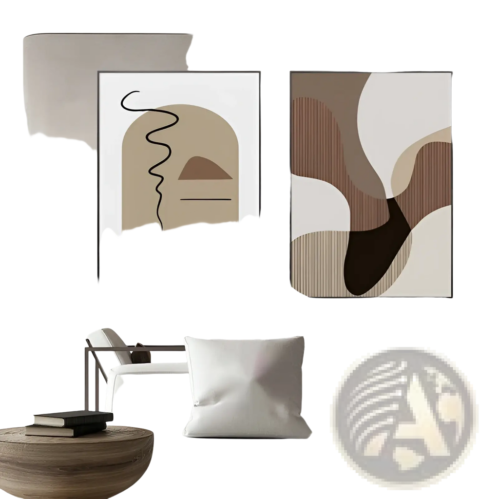 Two minimalist abstract wall art prints with beige brown and black geometric shapes in thin black frames above gray sofa