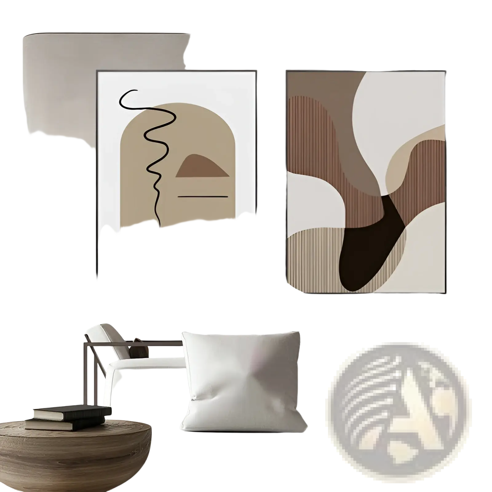 Two minimalist abstract wall art prints with beige brown and black geometric shapes in thin black frames above gray sofa