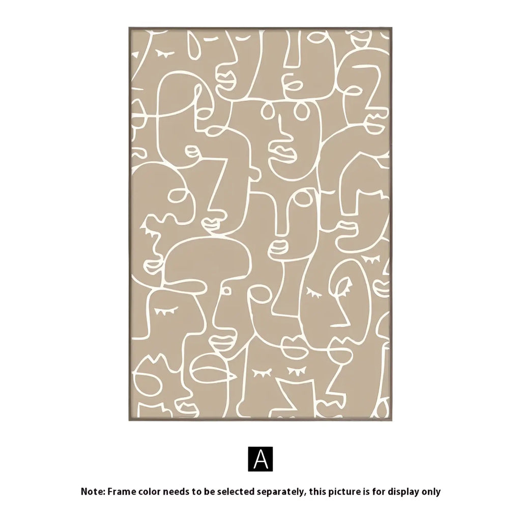 Beige abstract face art print with white line drawings on earthy tone canvas mural wall art for home decor