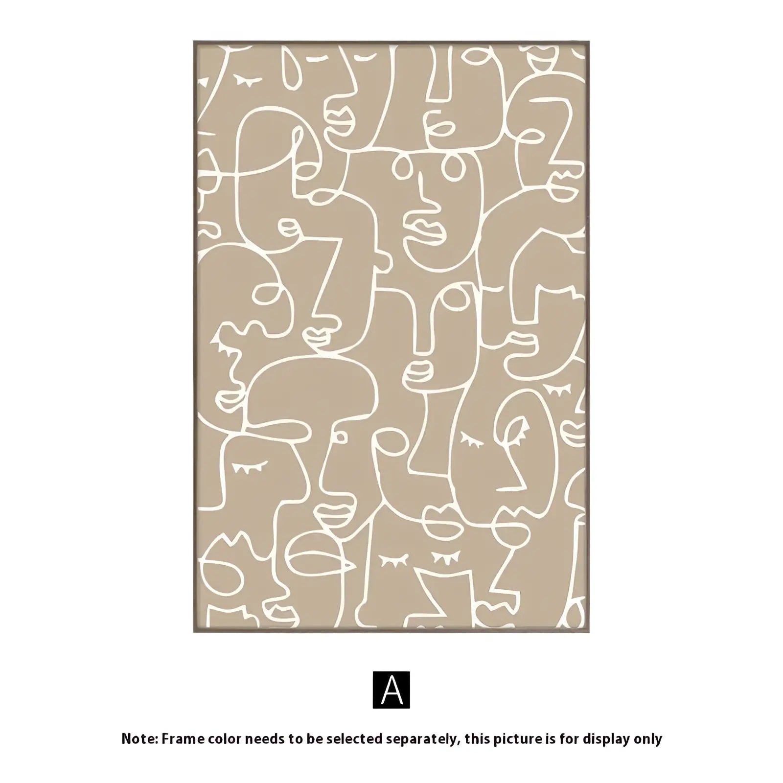 Beige abstract face art print with white line drawings on earthy tone canvas mural wall art for home decor