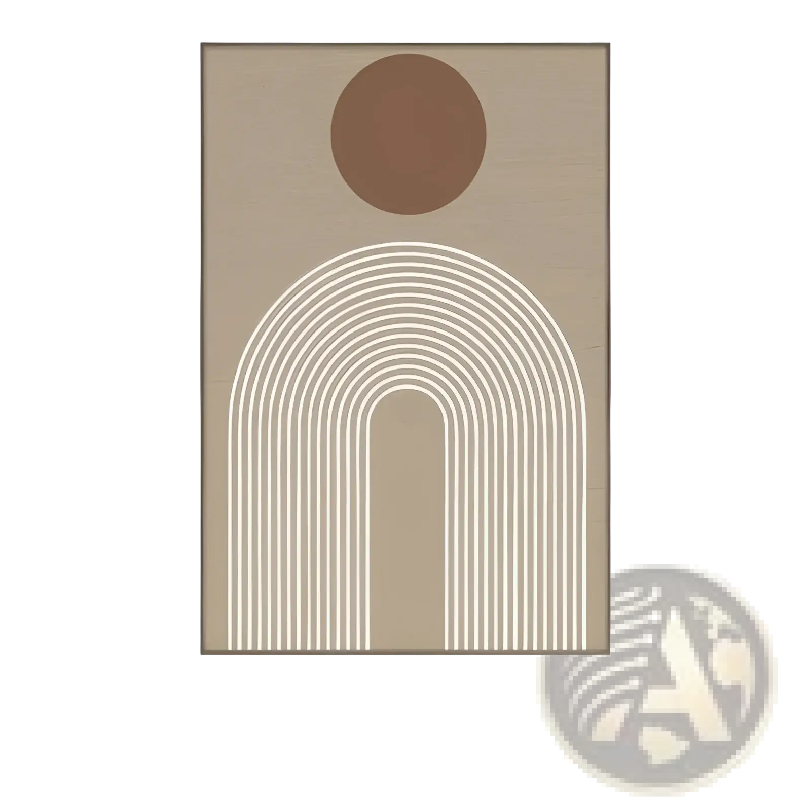 Beige abstract wall art canvas print featuring a brown circle above white curved lines in earthy tones mural