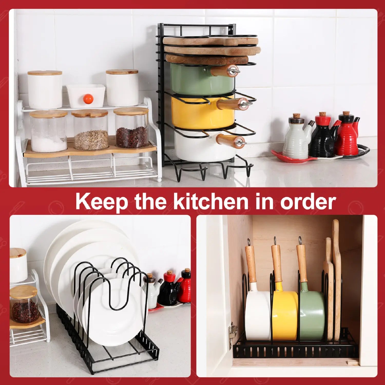 Black metal adjustable pot rack and pan organizer with multiple tiers for kitchen cookware storage.