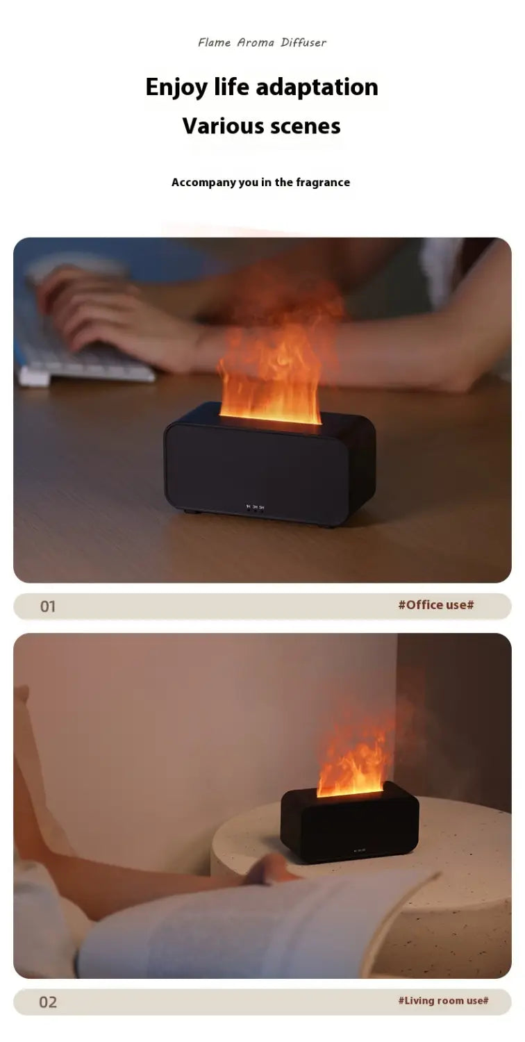 Black rectangular flame diffuser humidifier with jellyfish mist effect featuring realistic orange and yellow simulated flames.