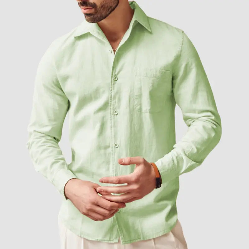 Men’s slim fit digital print linen blend casual shirt in light green with long sleeves, classic collar, and chest pocket.