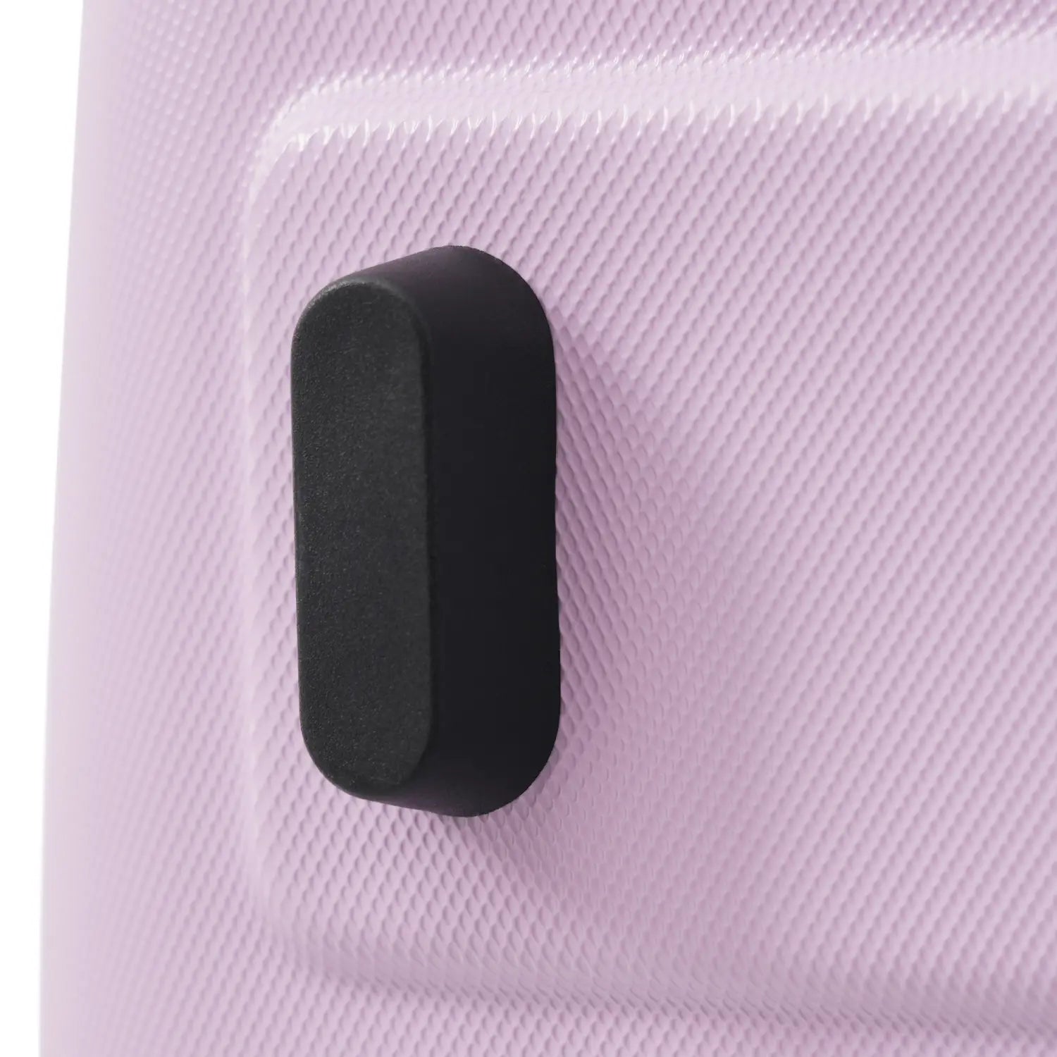 black rubberized handle grip on the lavender hardshell suitcase from the lavender 6 piece hardshell luggage set with spinner wheels