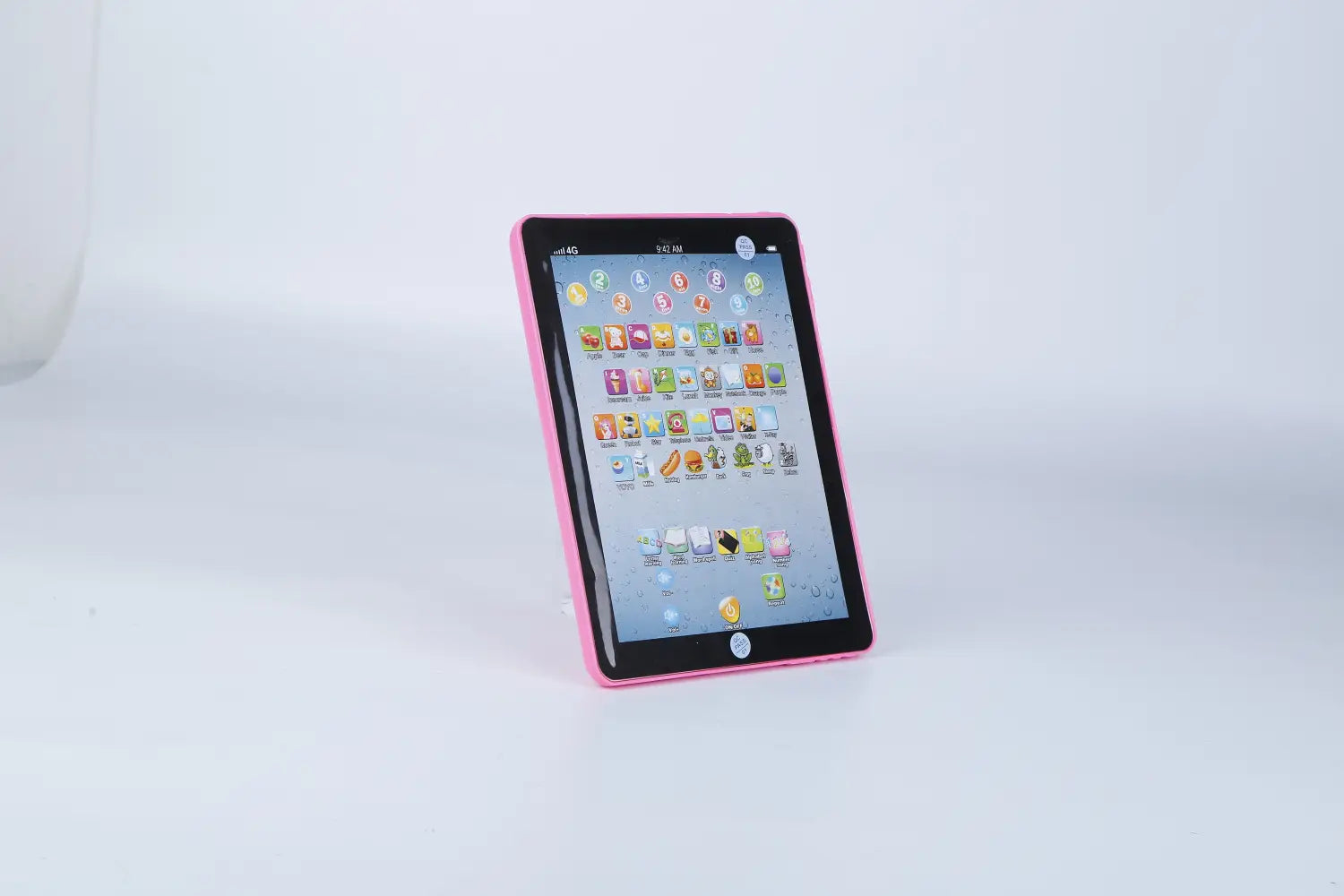 pink-framed baby learning tablet educational toy for toddlers featuring a colorful touchscreen with multiple app icons