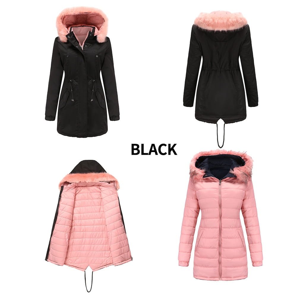 Black and pink quilted reversible fur collar parka featuring a fluffy fur-lined hood designed for winter wear.
