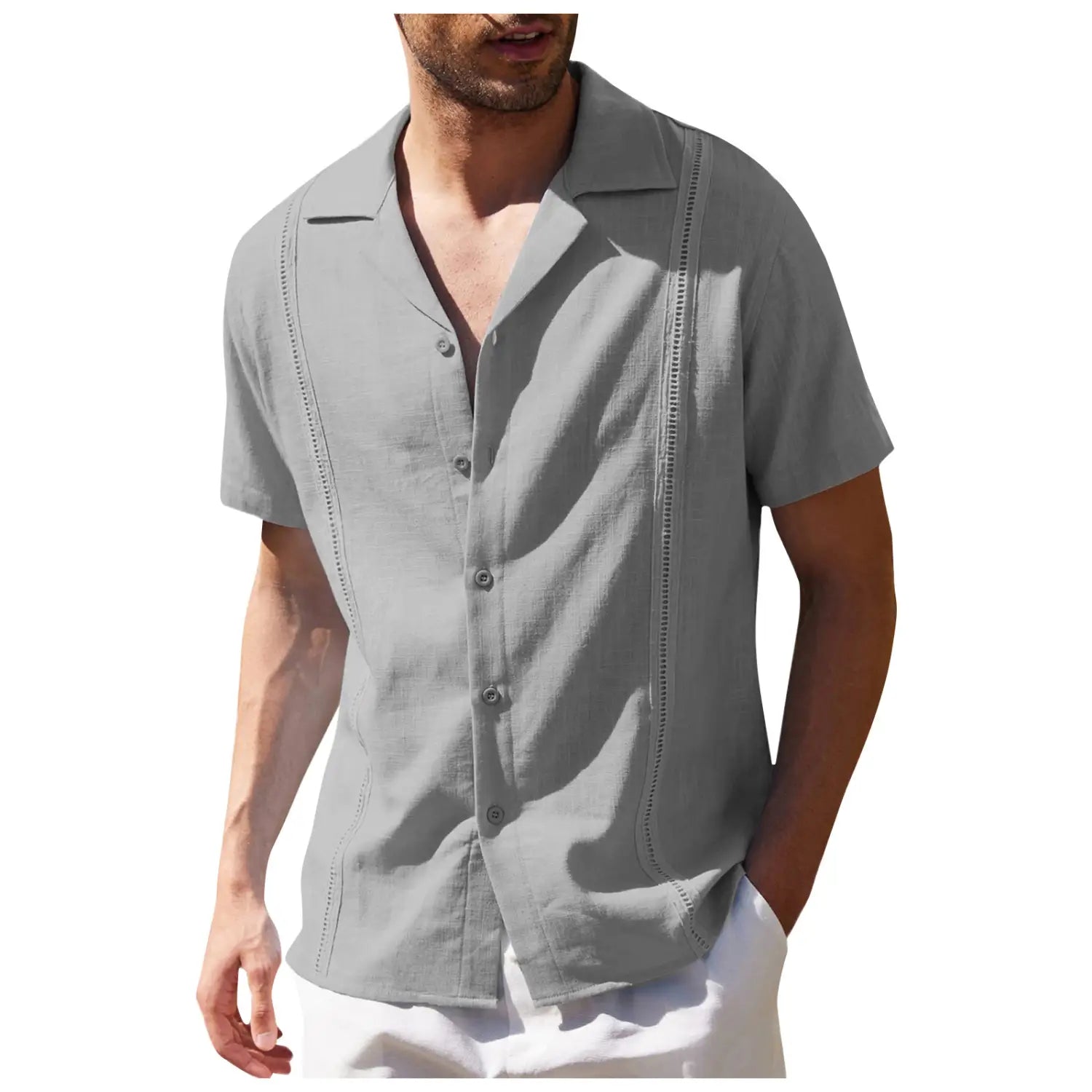 Men’s slim fit gray linen short sleeve shirt with subtle embroidered detailing along the front placket.