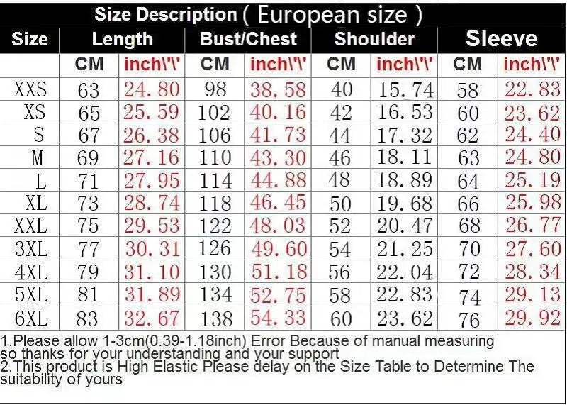 European size clothing measurement chart showing detailed dimensions in centimeters and inches for men embroidered short sleeve polo shirt sizes xxs to 6xl.