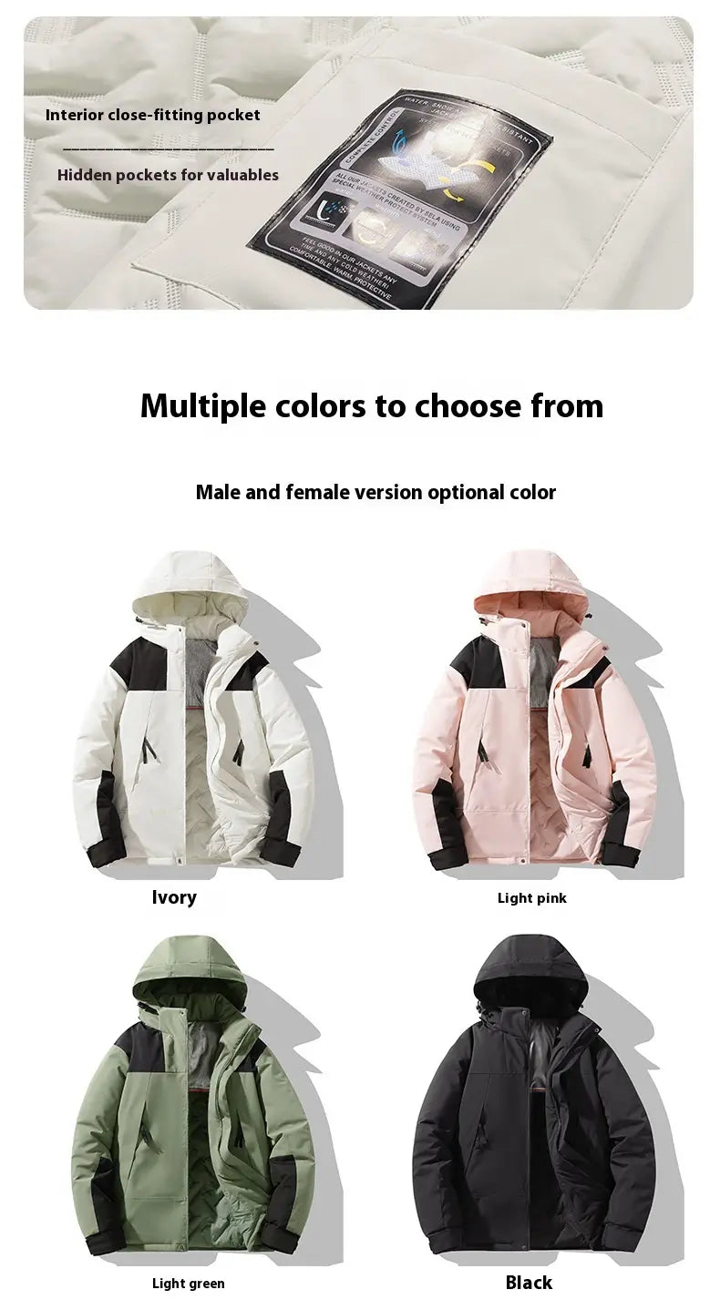 A cozy insulated waterproof thermal winter puffer jacket with a hood and contrasting color panels available in ivory light pink light green or black.