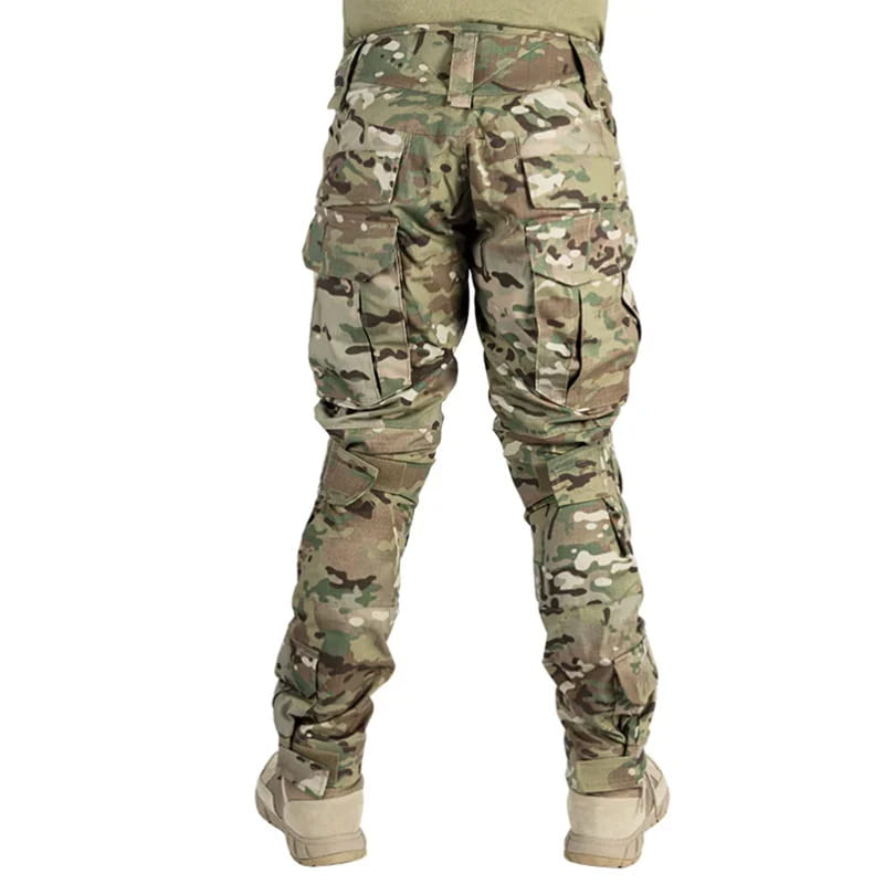 Multicam-patterned tactical camouflage cargo pants for men with multiple cargo pockets and reinforced knee areas.
