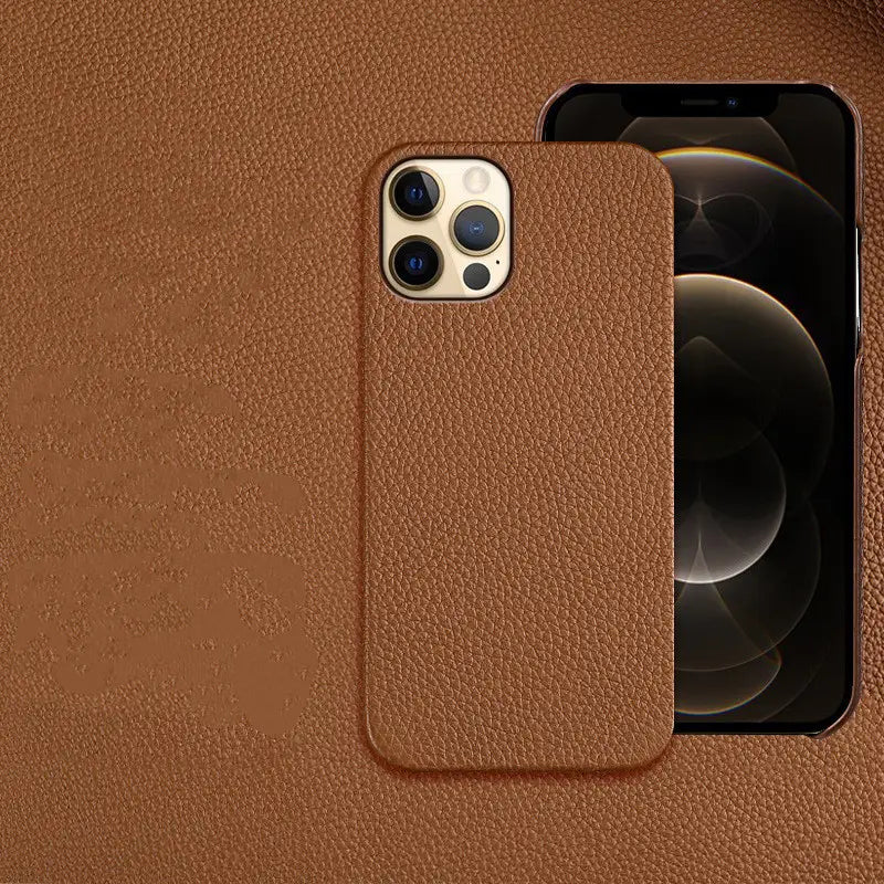 Brown leather phone case with textured surface and anti drop design for iphone 12 pro shown from the back side.